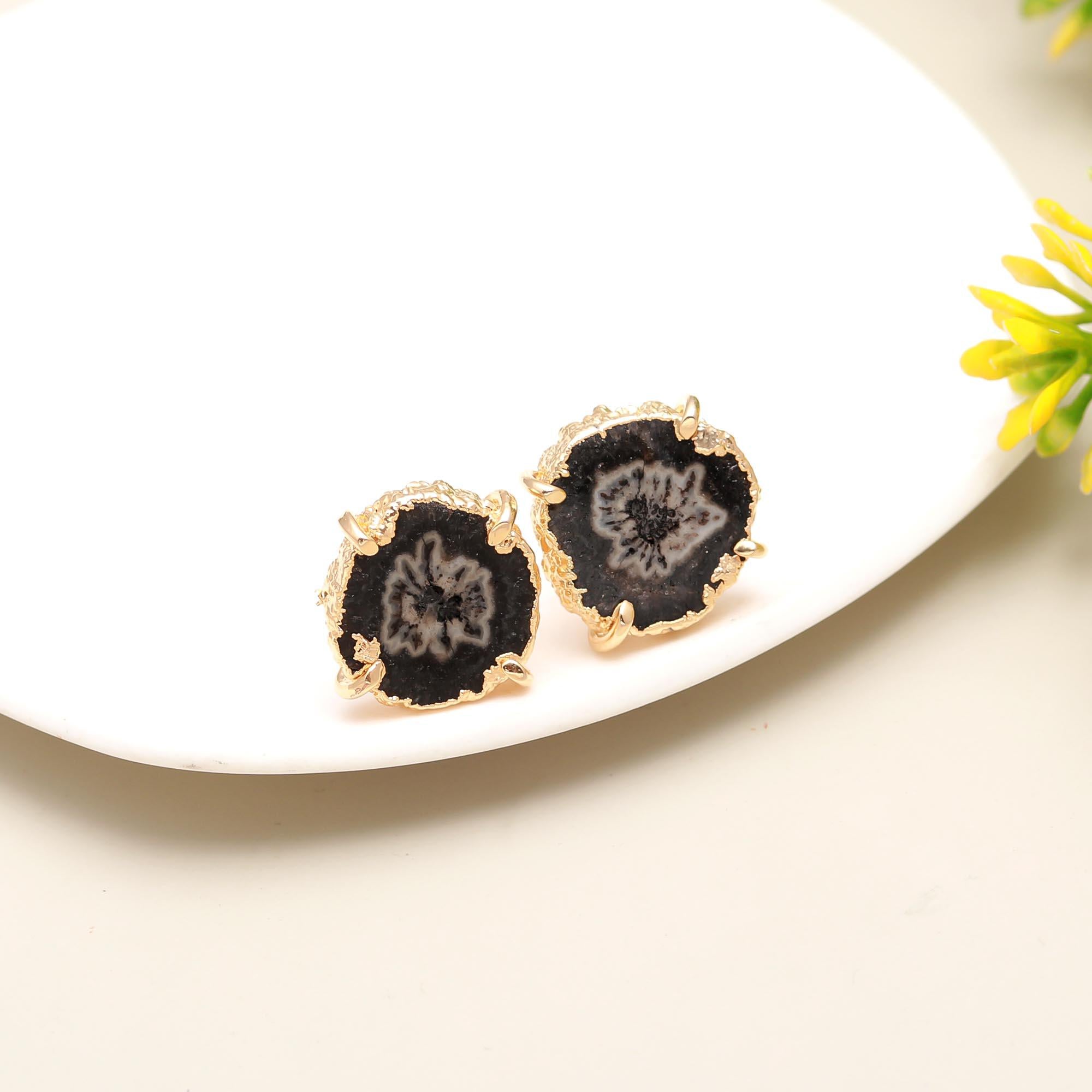 Moonlit Beam | Natural solar quartz handmade stud earrings | 18KT gold plated