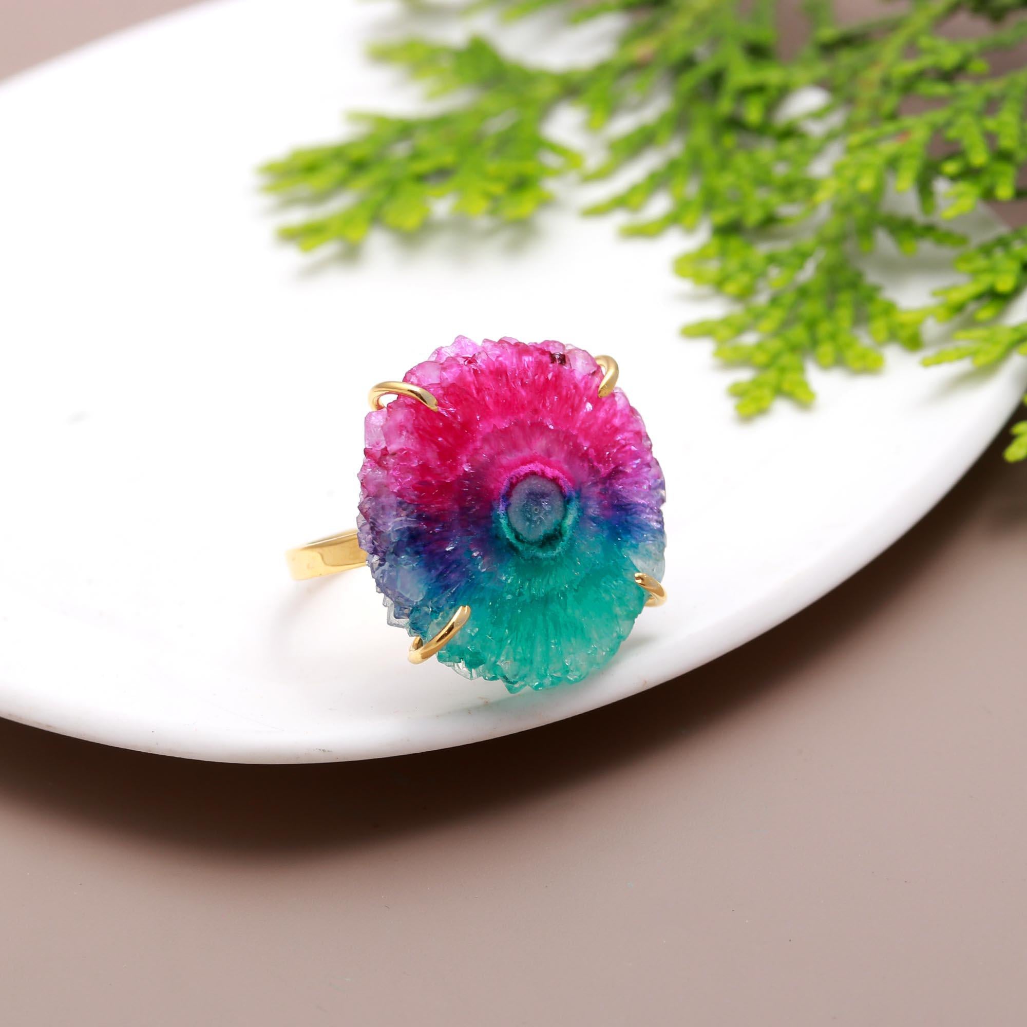 Bewitching Gaze | Natural mix colour solor quartz gem stone adjustable ring | 18KT gold plated