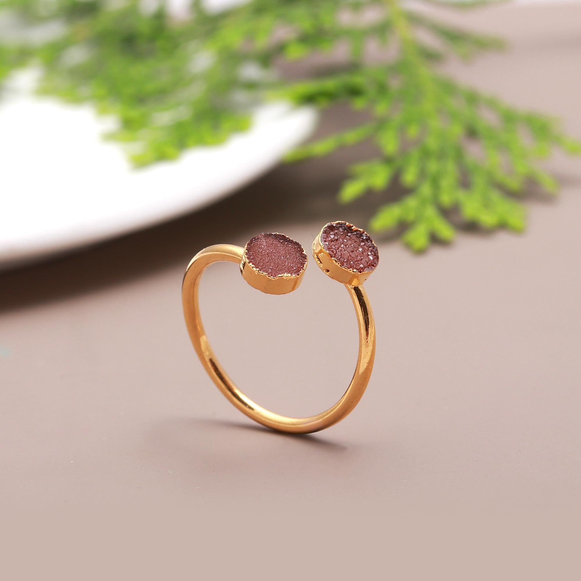 Coral Bay | Minimalist sugar druzy double stone adjustable ring | 18KT gold plated