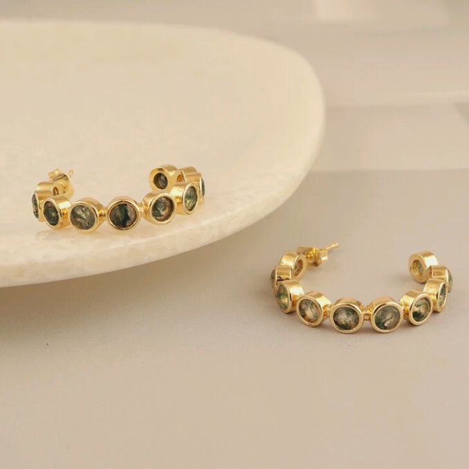 Moss Agate Harmony Hoops | 18 KT Gold Plated