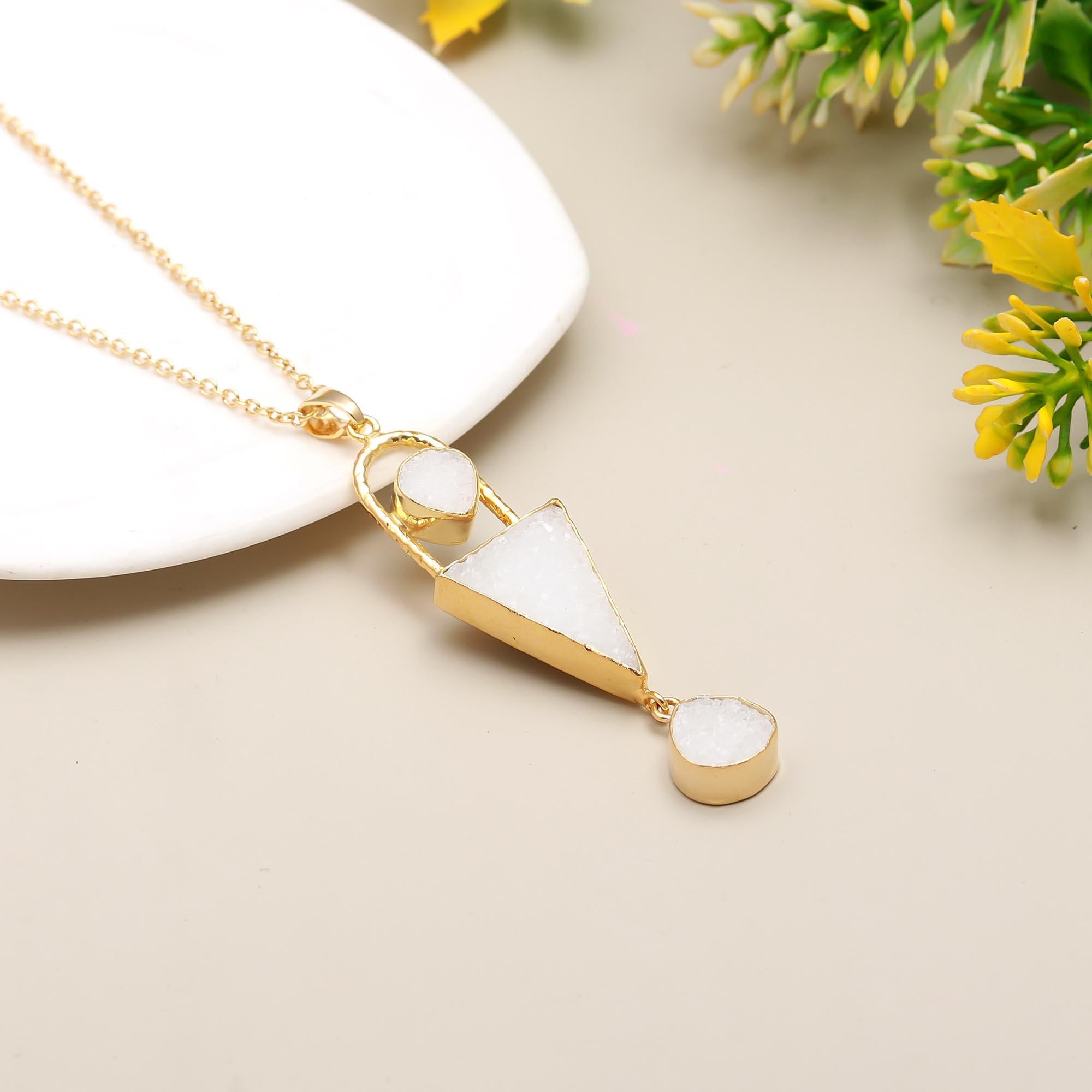 Lush Blossom | Druzy sugar agate geometric style pendant with chain | 18KT gold plated
