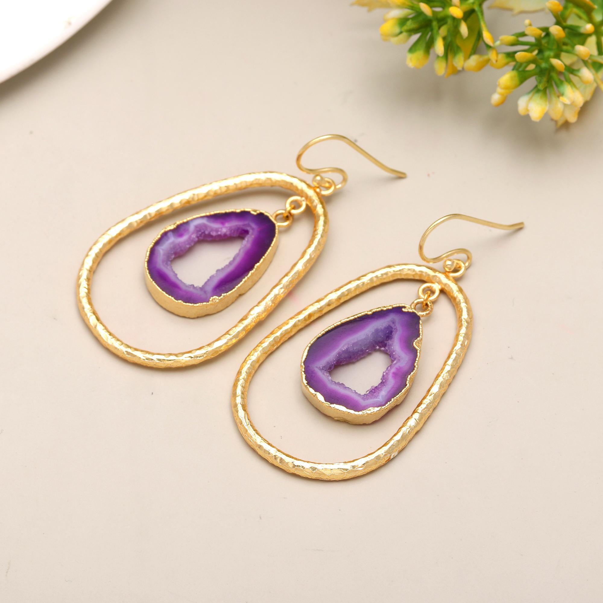 Elusive Mirage | Natural geode agate slice druzy dangle earrings | 18KT gold plated