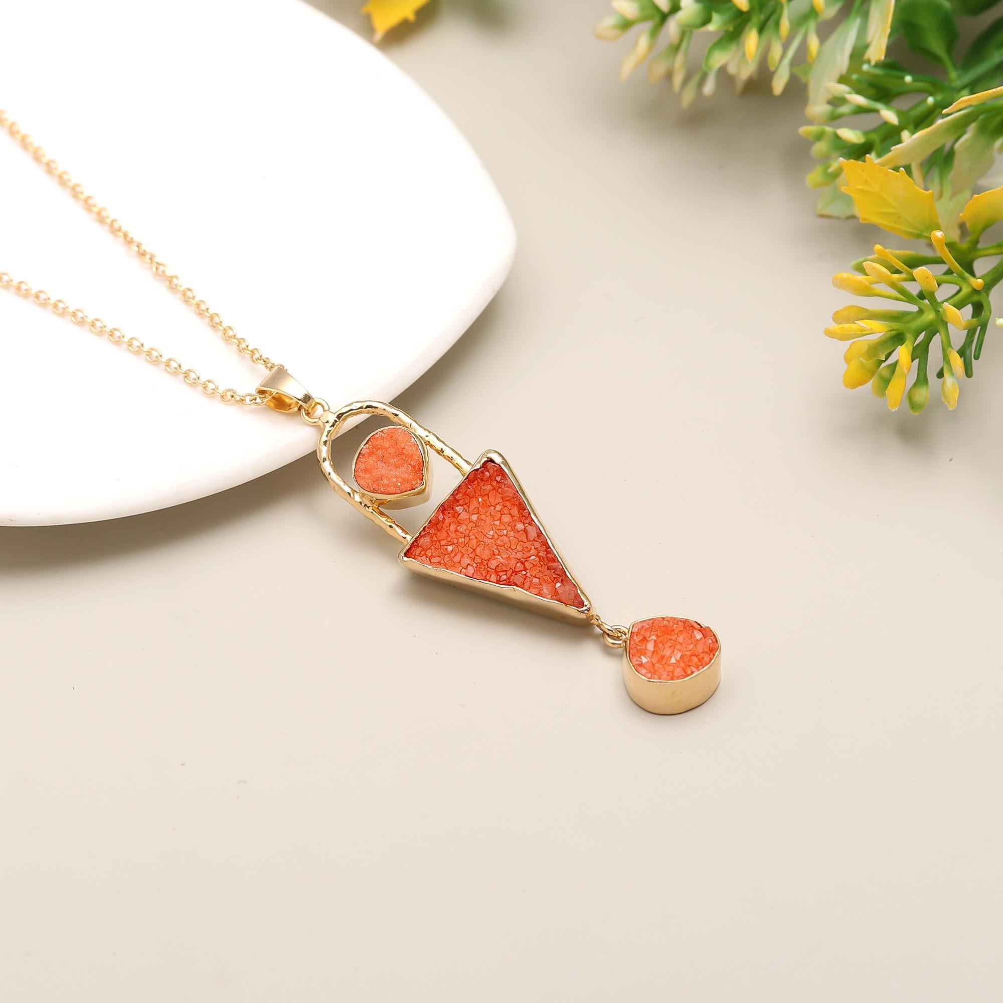 Lush Blossom | Druzy sugar agate geometric style pendant with chain | 18KT gold plated
