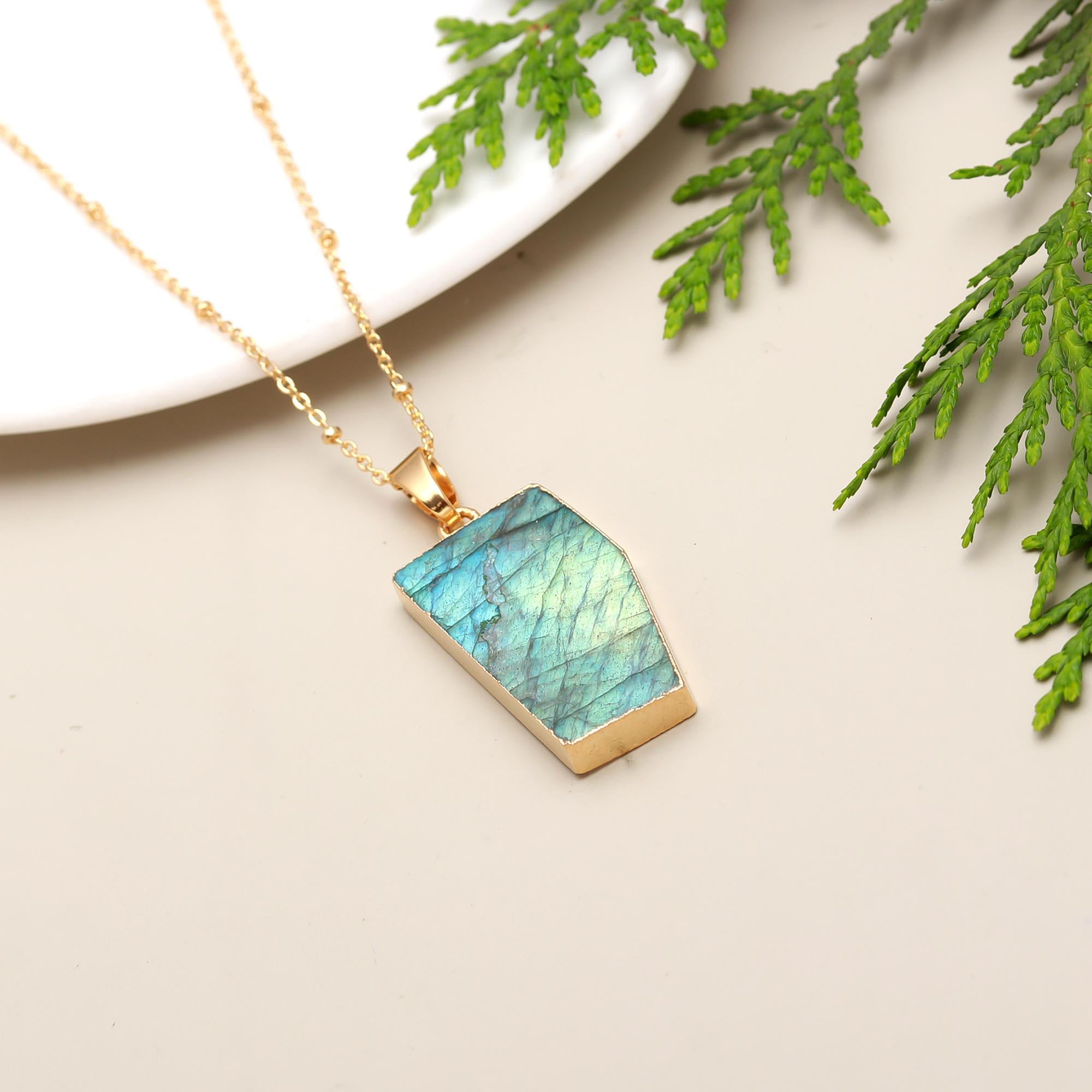 Fire labradorite | Solitaire slab irregular shape pendant with chain | 18KT gold plated