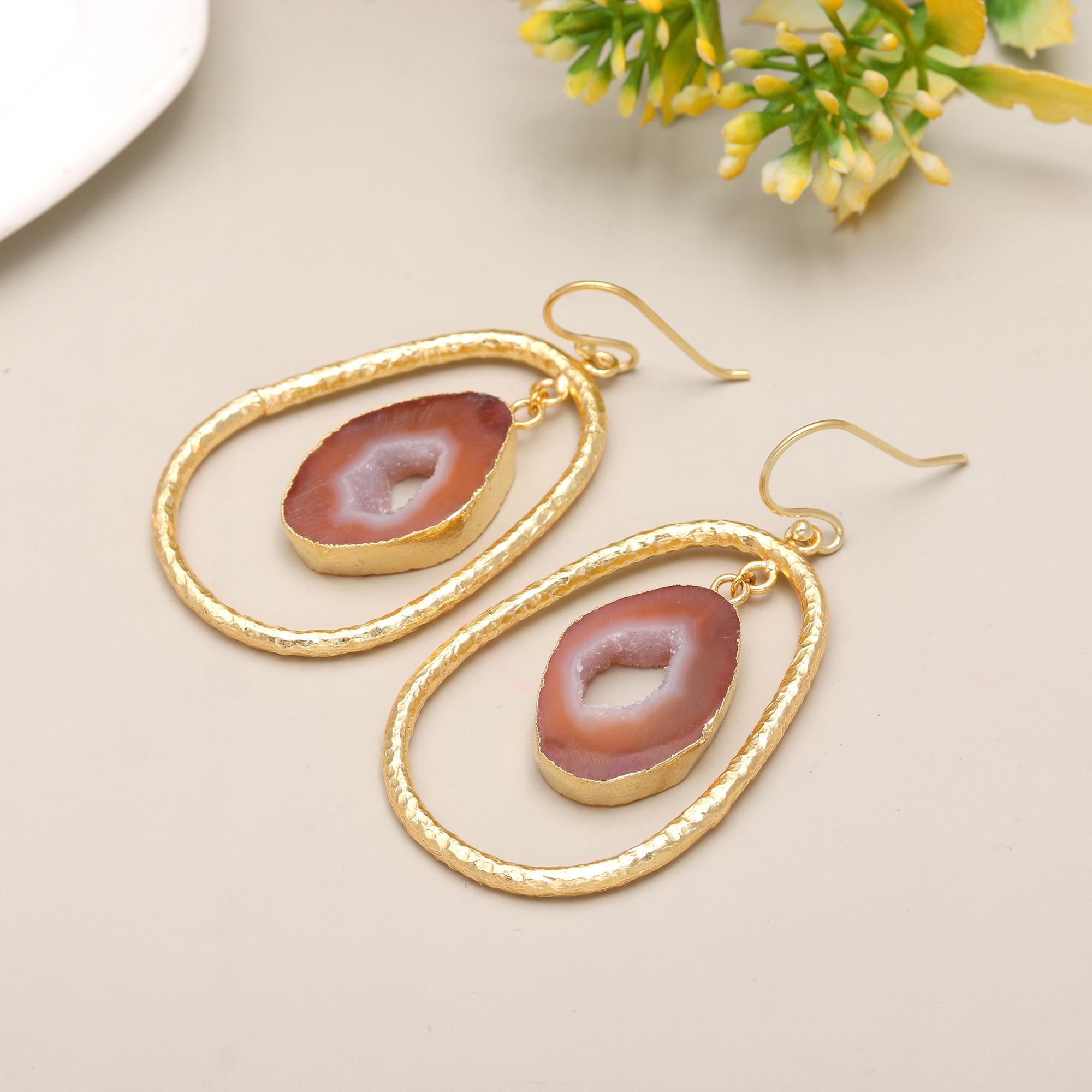 Elusive Mirage | Natural geode agate slice druzy dangle earrings | 18KT gold plated
