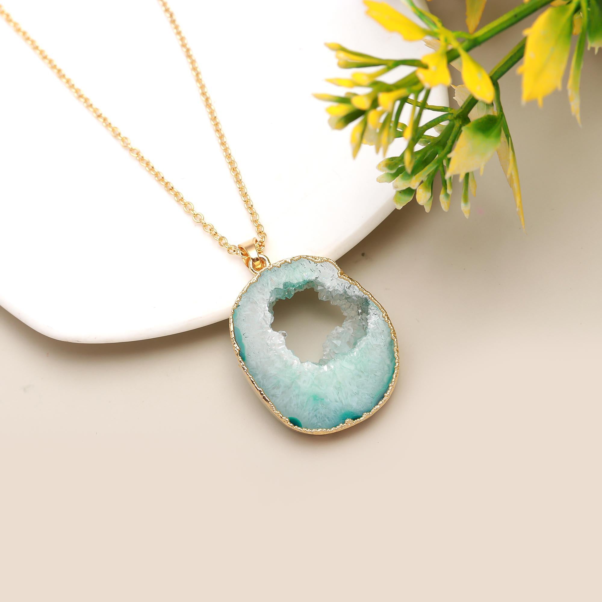 Blissful Paradise | Geode slice druzy designer pendant with chain | 18KT gold plated
