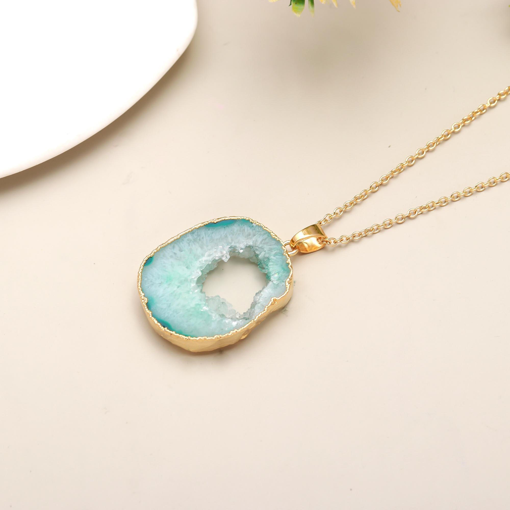 Blissful Paradise | Geode slice druzy designer pendant with chain | 18KT gold plated