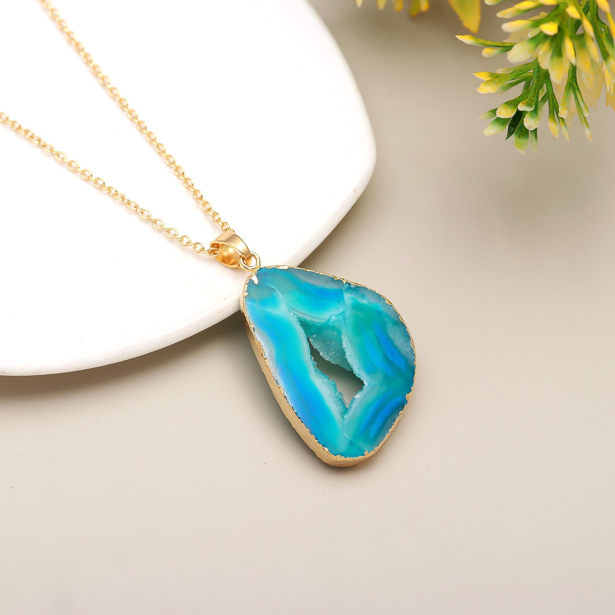 Blissful Paradise | Geode slice druzy designer pendant with chain | 18KT gold plated
