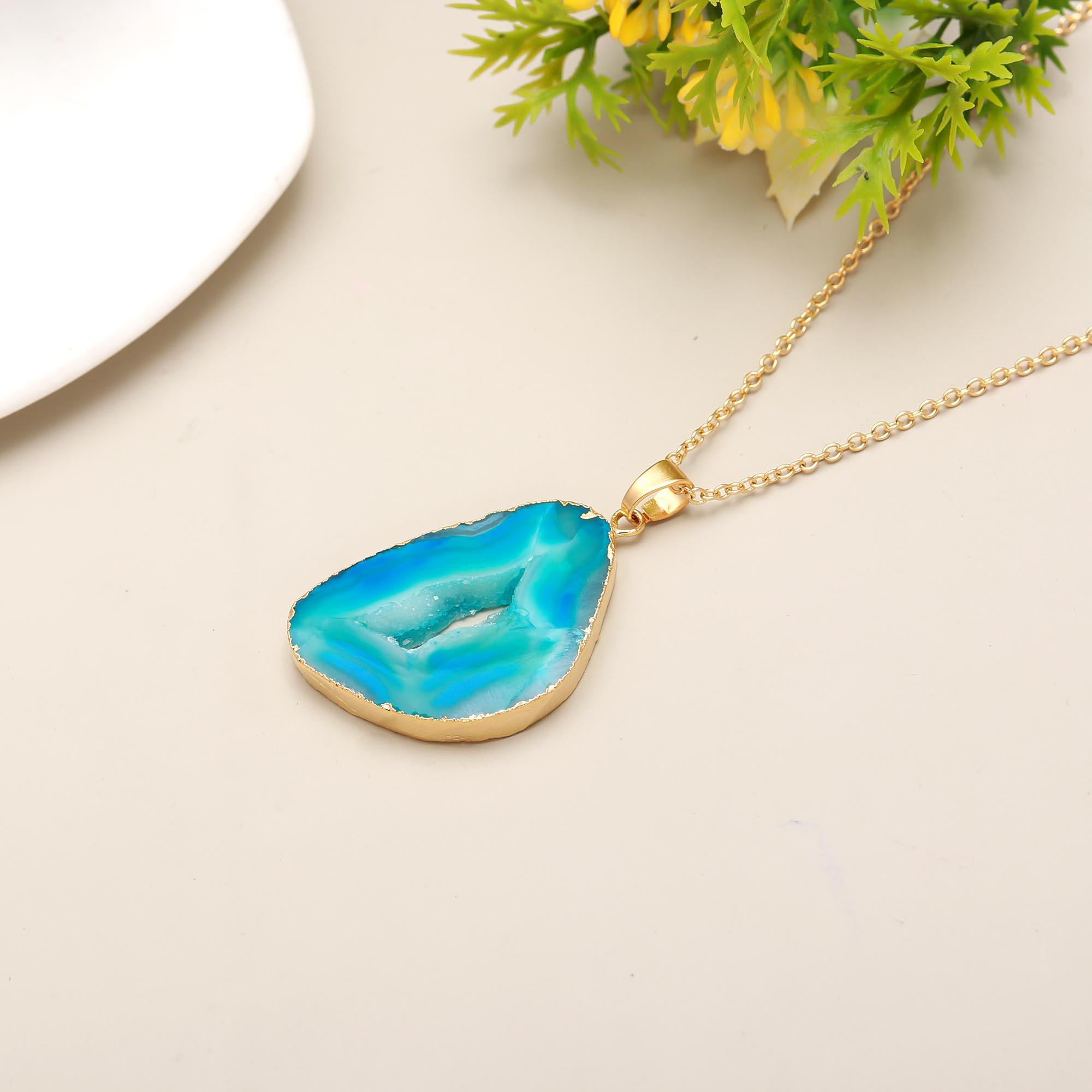 Blissful Paradise | Geode slice druzy designer pendant with chain | 18KT gold plated