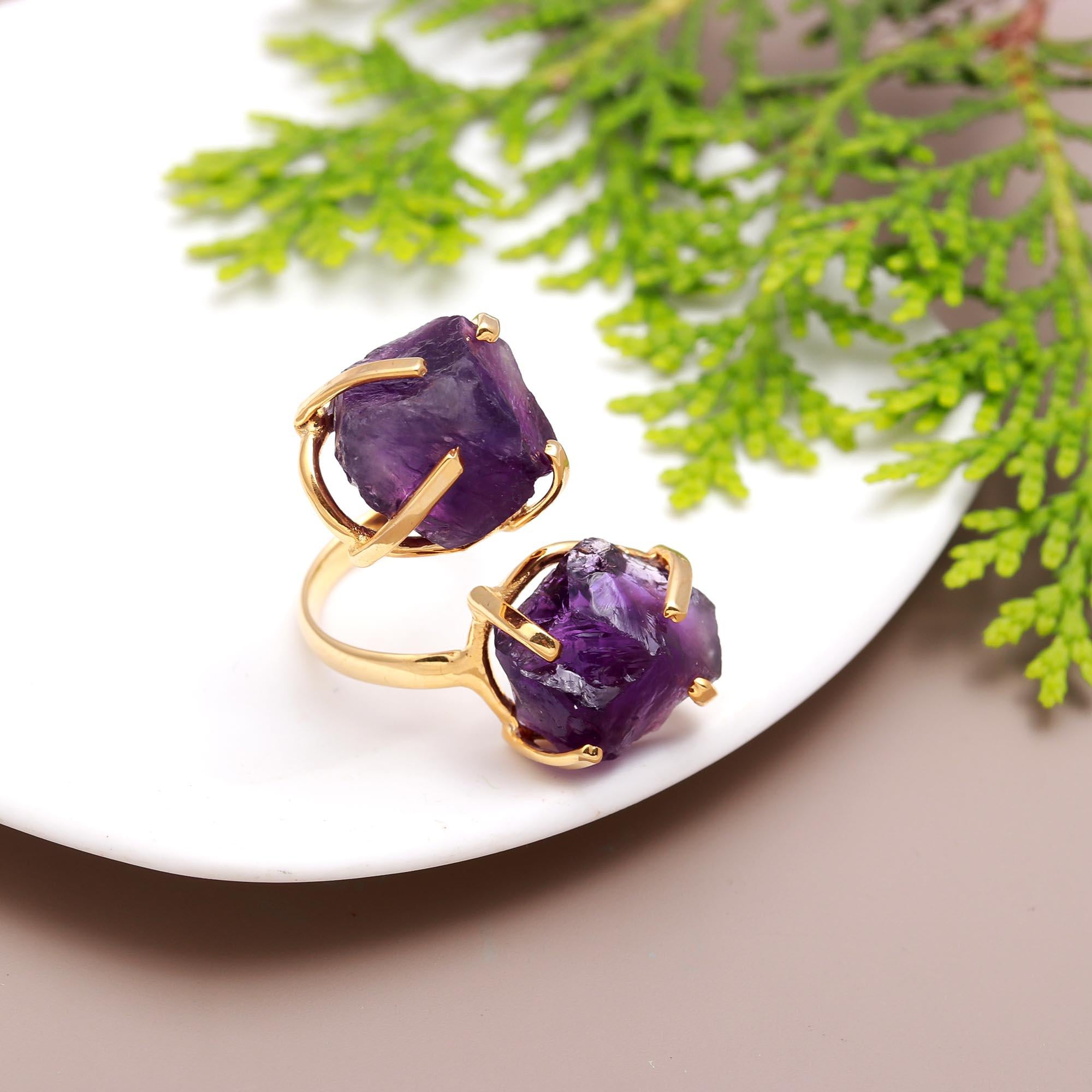 Ivy Blossom | Raw crystal double stone front open ring | 18KT gold plated