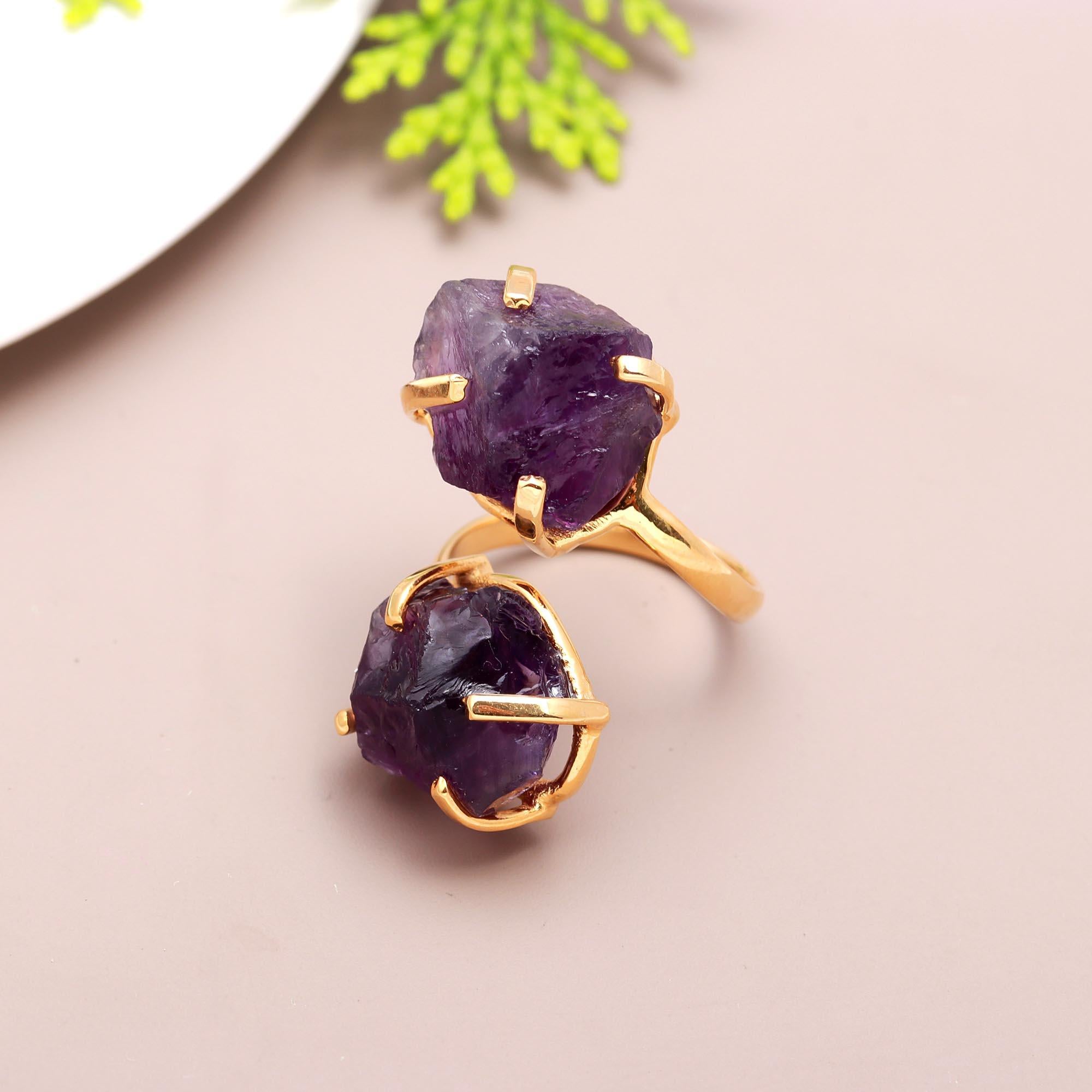 Ivy Blossom | Raw crystal double stone front open ring | 18KT gold plated