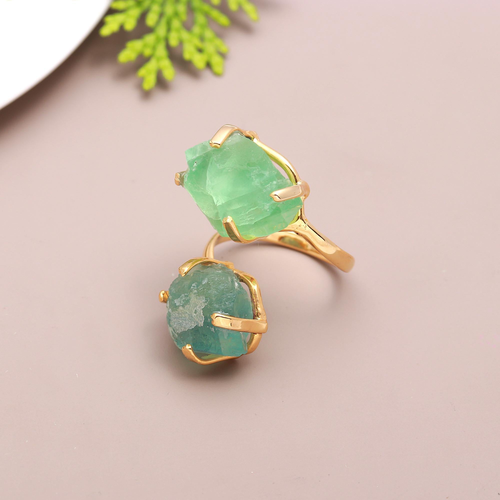 Ivy Blossom | Raw crystal double stone front open ring | 18KT gold plated