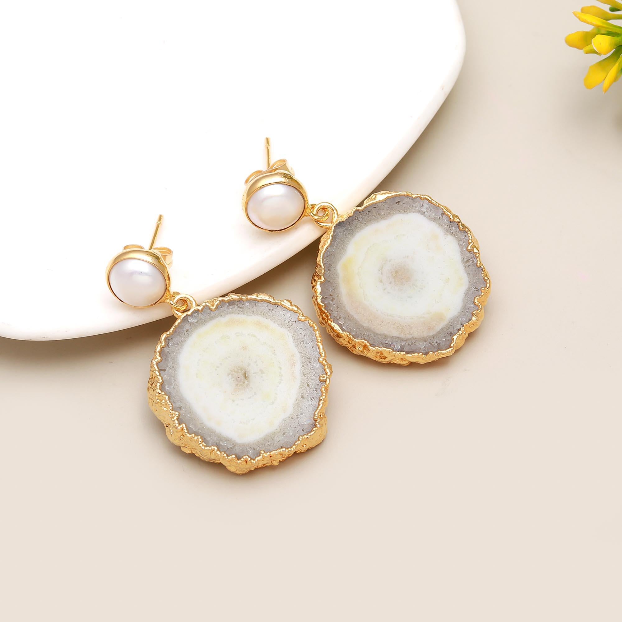 Tranquil Gem | Natural pearl & solar quartz drop earrings | 18KT gold plated