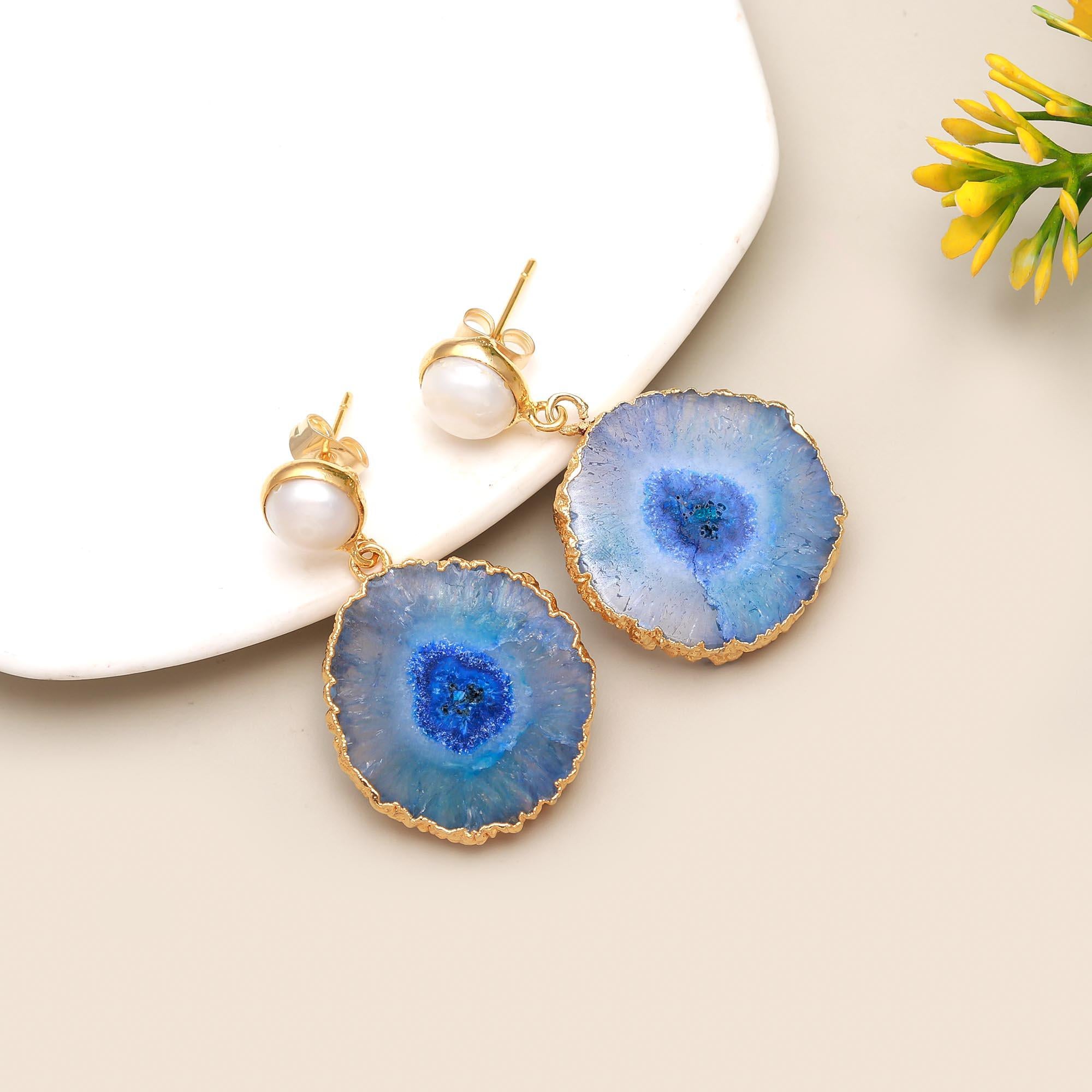 Tranquil Gem | Natural pearl & solar quartz drop earrings | 18KT gold plated