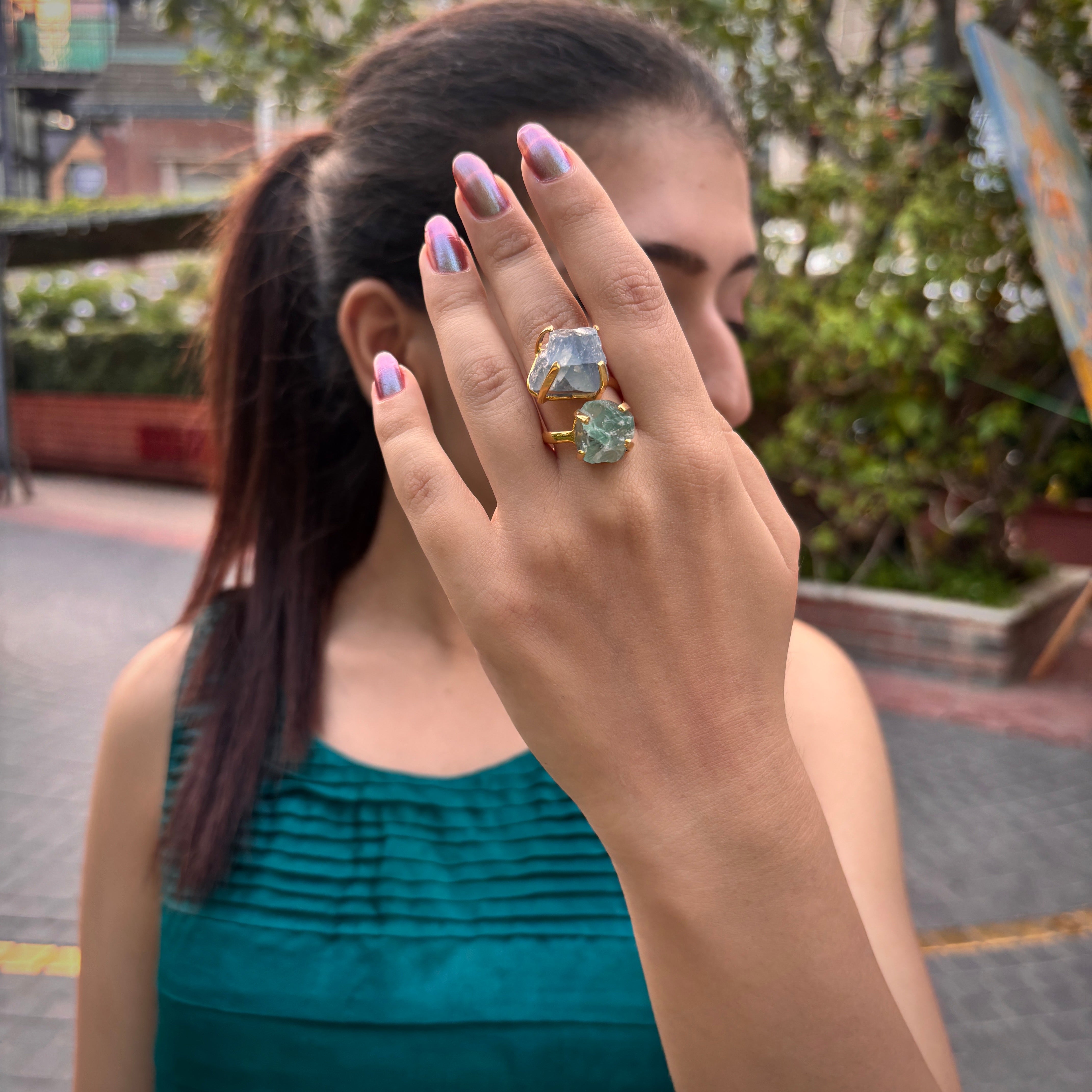 Ivy Blossom | Raw crystal double stone front open ring | 18KT gold plated