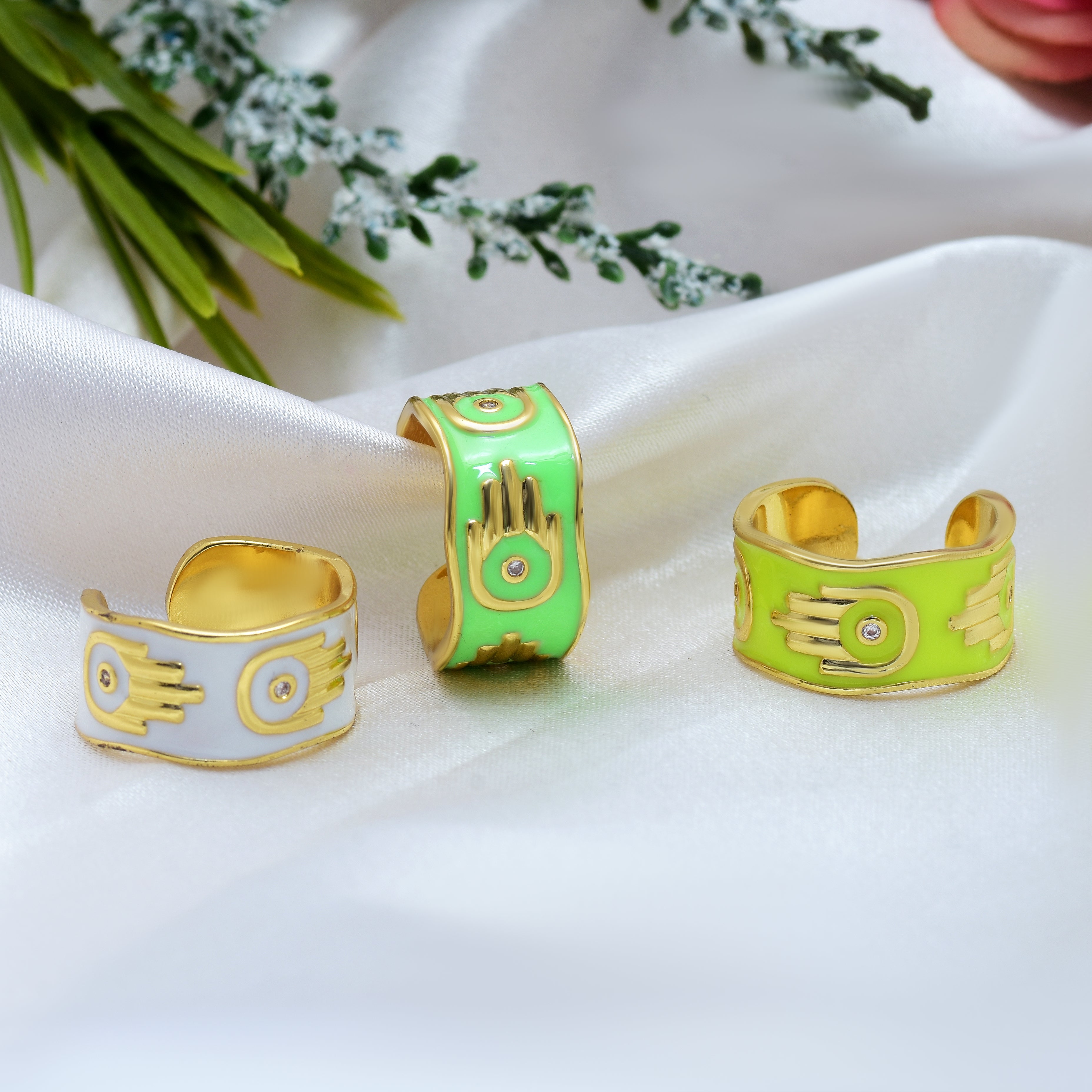 Hamsa Hand Tiny Zircon Enamel Rings | Anti Tarnish