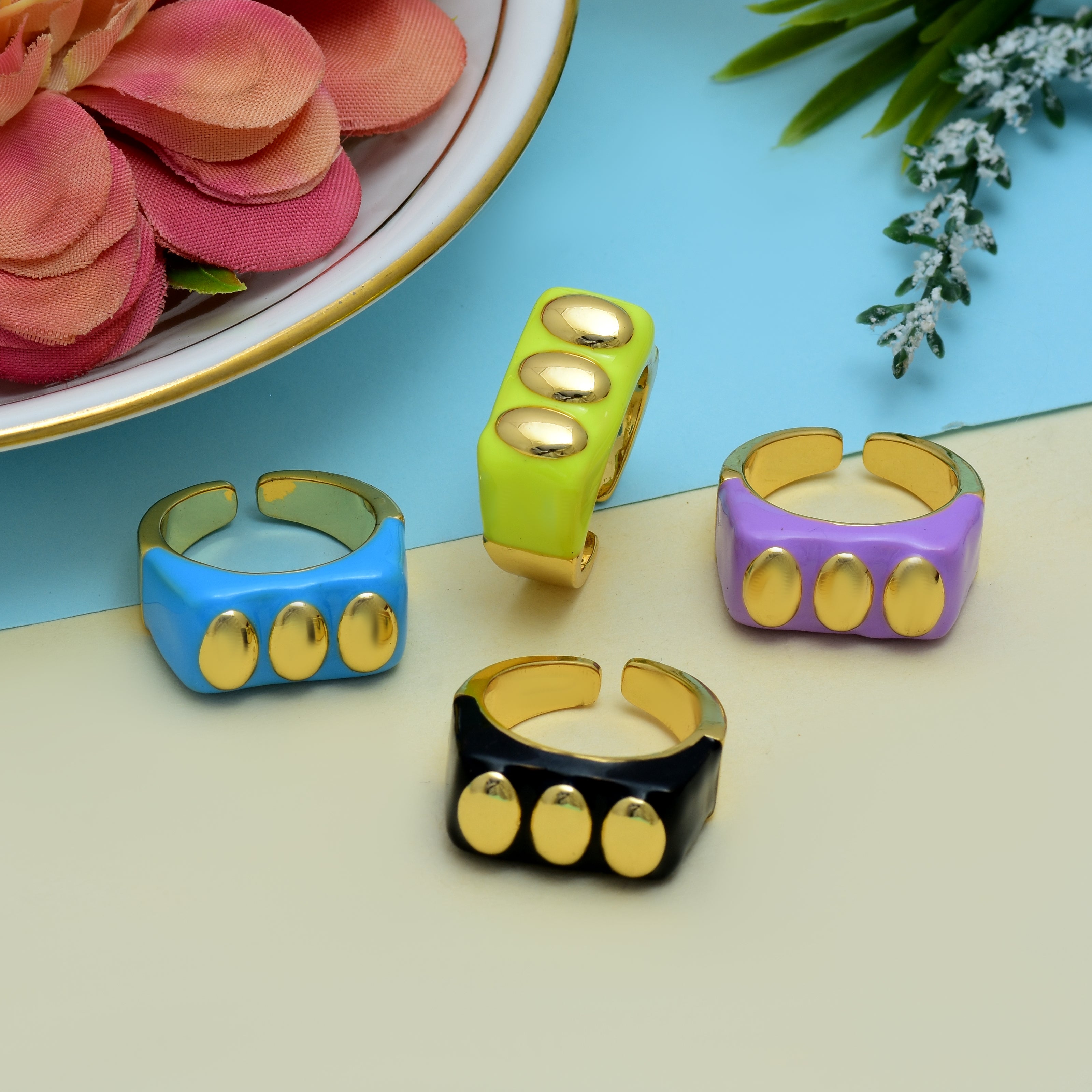 Three Oval Enamel Rings | Anti Tarnish