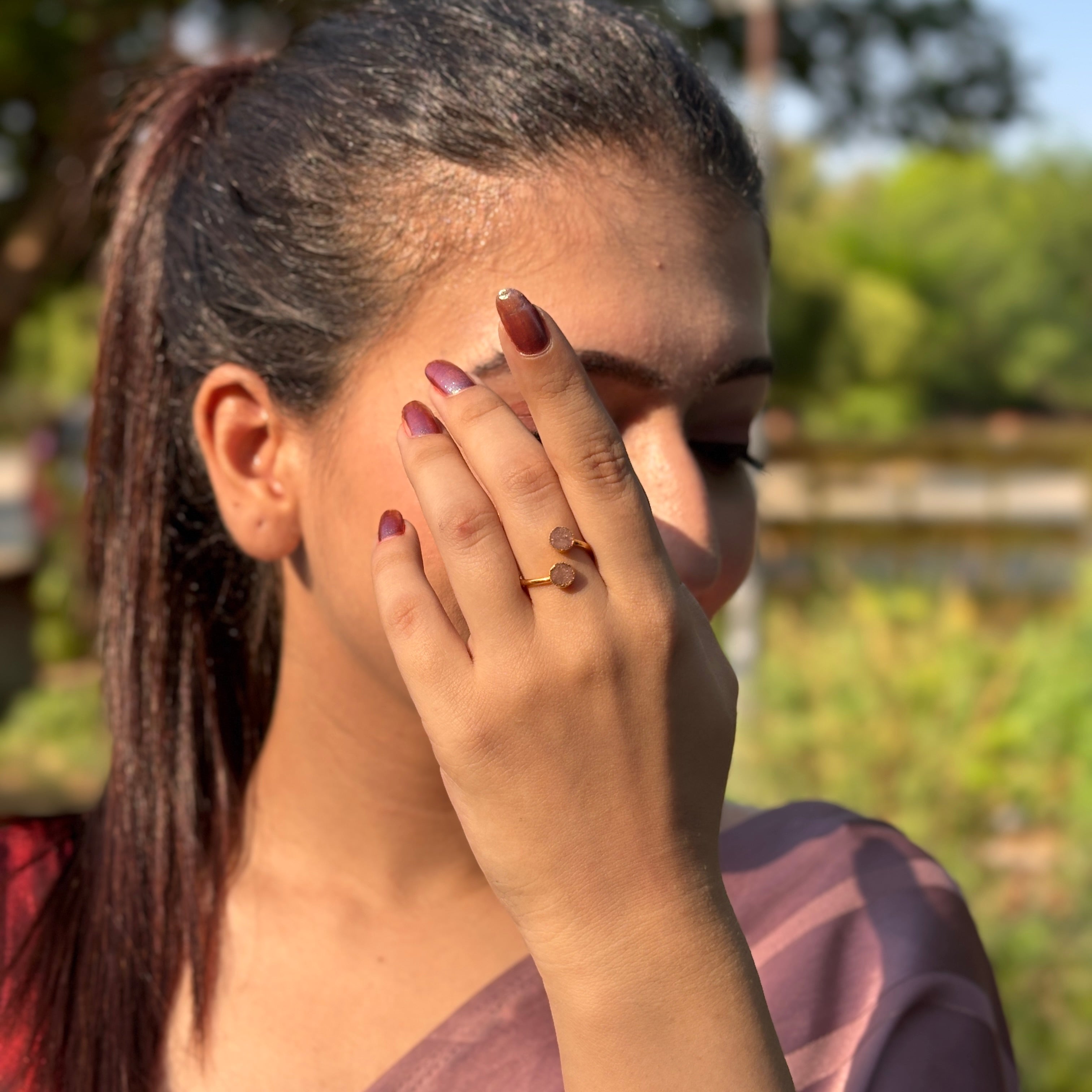 Coral Bay | Minimalist sugar druzy double stone adjustable ring | 18KT gold plated