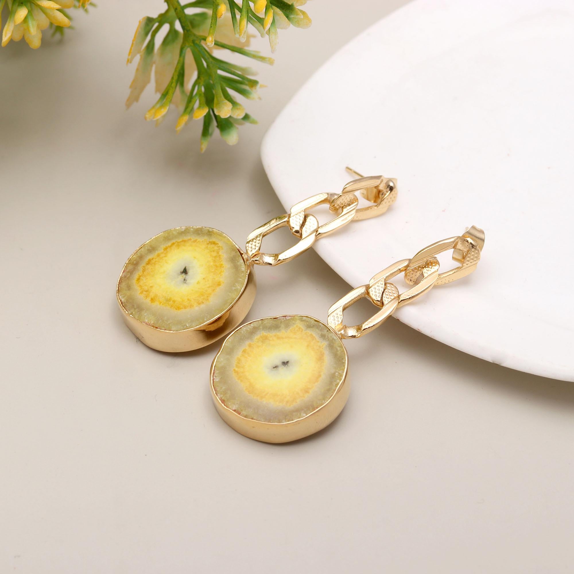 Majestic Sunset | Natural solar quartz with cubanlink chain drop earrings | 18KT gold plated
