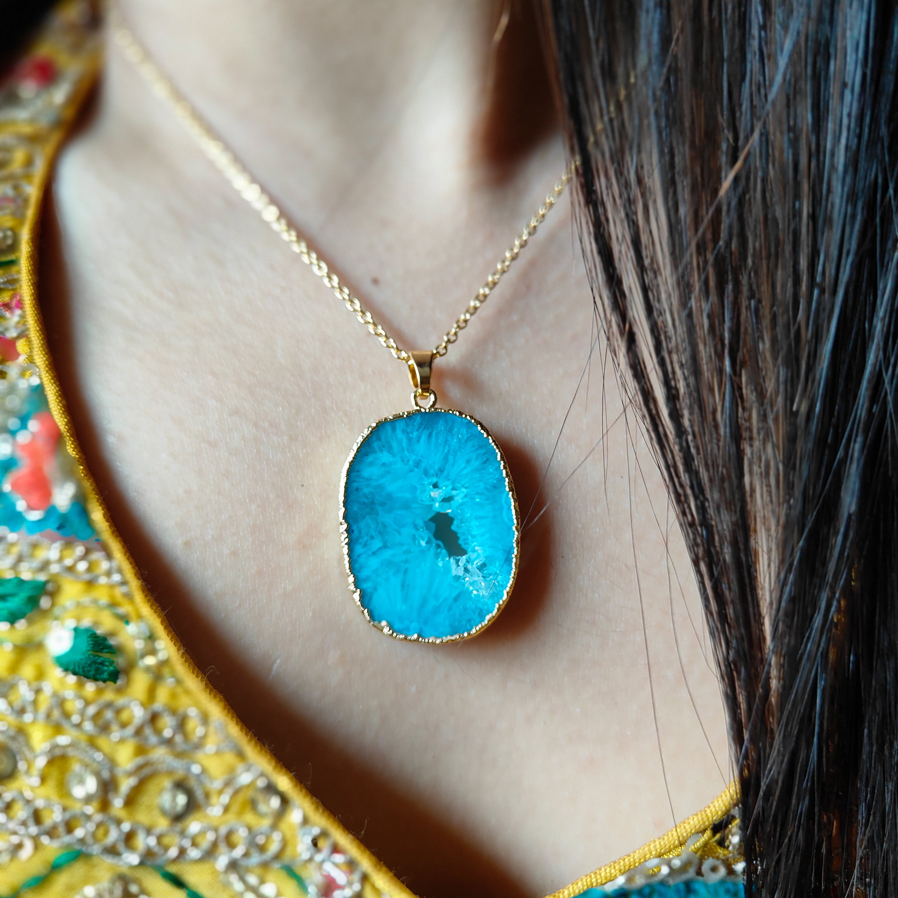 Blissful Paradise | Geode slice druzy designer pendant with chain | 18KT gold plated