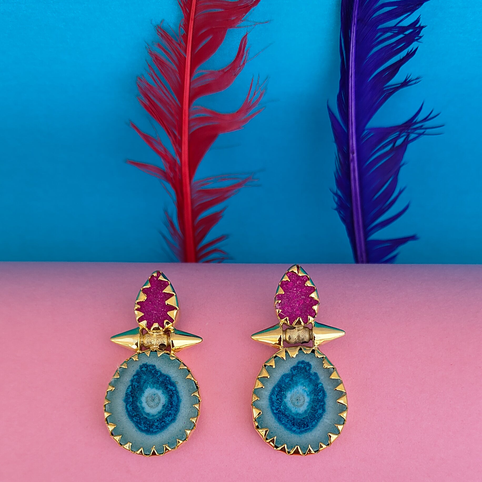 Dazzling gems | Sugar druzy & solar quartz designer handmade earring | 18KT gold plated
