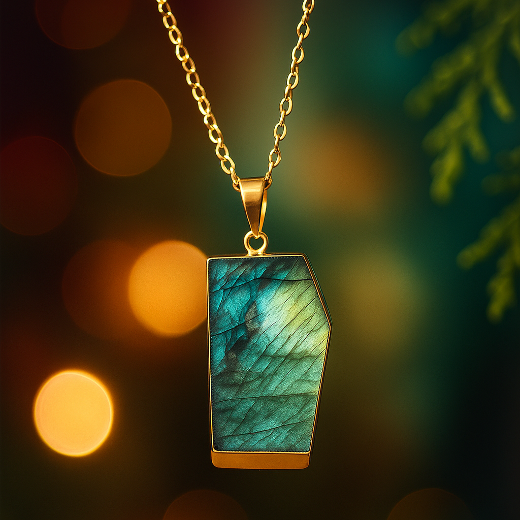 Fire labradorite | Solitaire slab irregular shape pendant with chain | 18KT gold plated