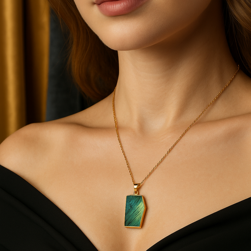 Fire labradorite | Solitaire slab irregular shape pendant with chain | 18KT gold plated