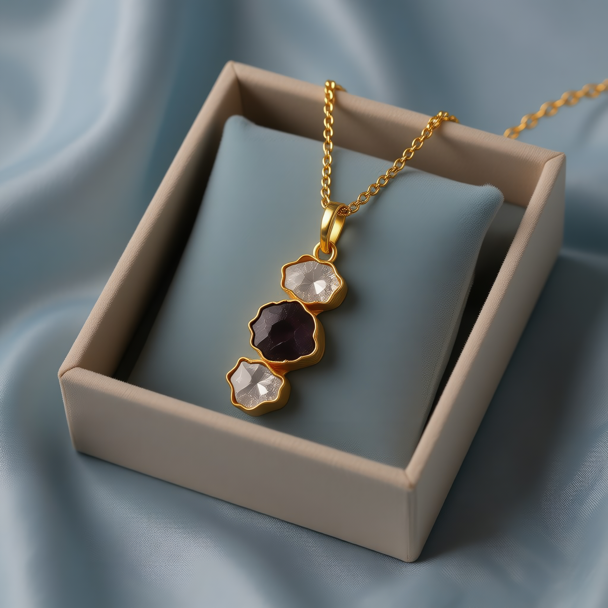 Ideal Threesome | Natural raw three stone pendant with chain | 18KT gold plated