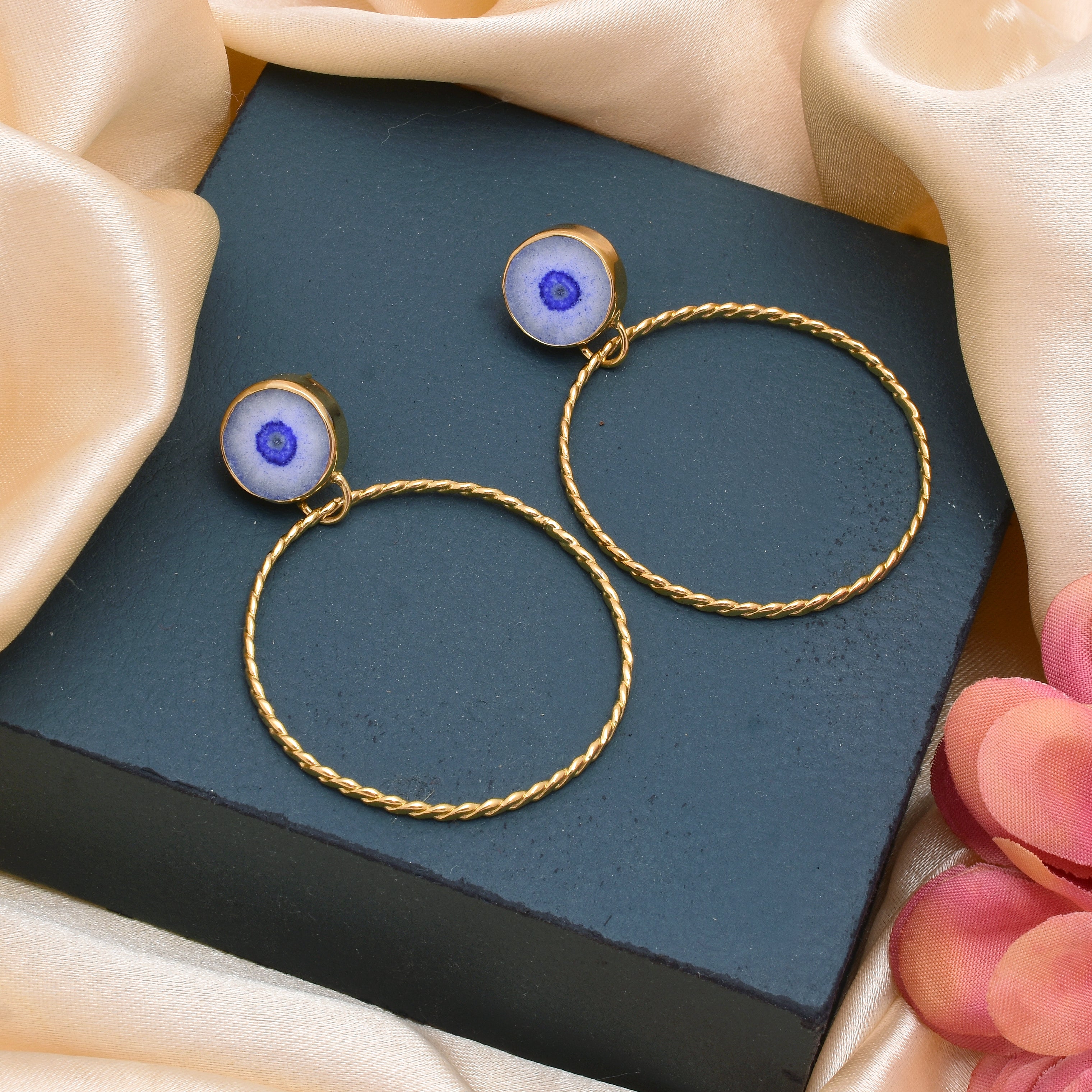 Elegant Pleasure | Solar quartz big twisted wire hoop stud drops | 18KT gold plated