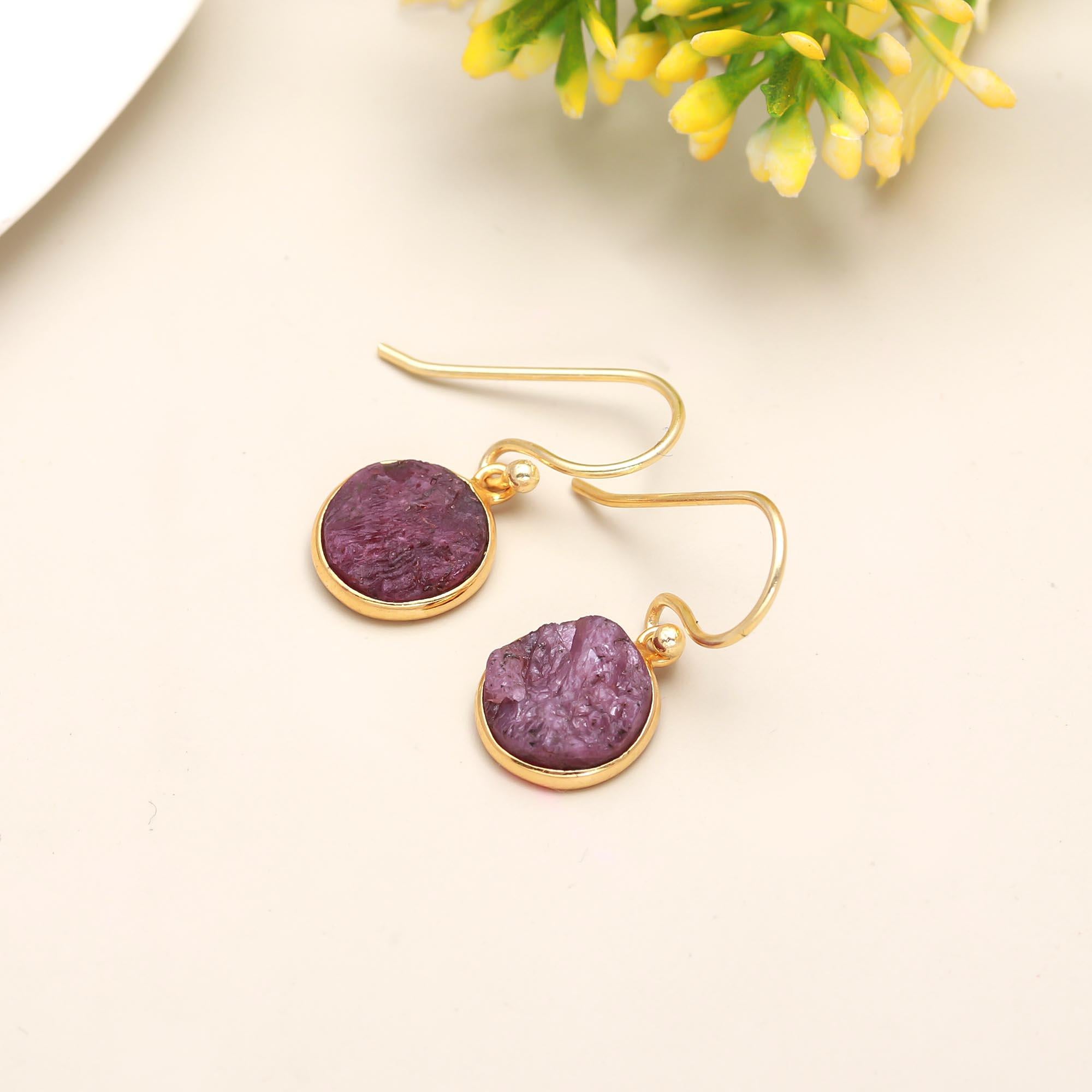 Sea Droplets | Natural raw rough ruby | Hook earrings | 18KT gold plated