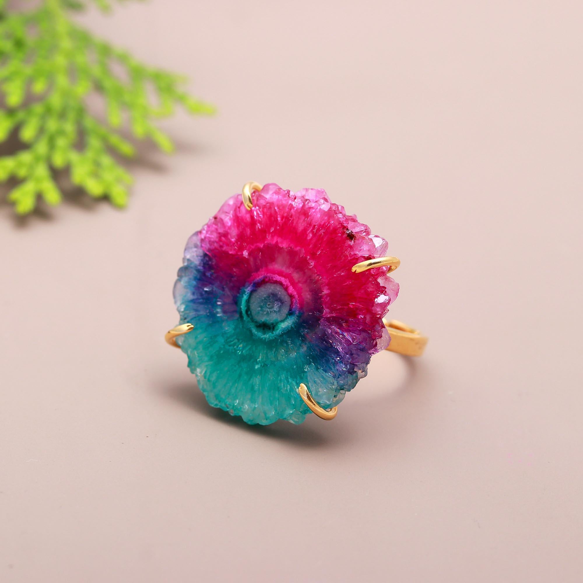 Bewitching Gaze | Natural mix colour solor quartz gem stone adjustable ring | 18KT gold plated