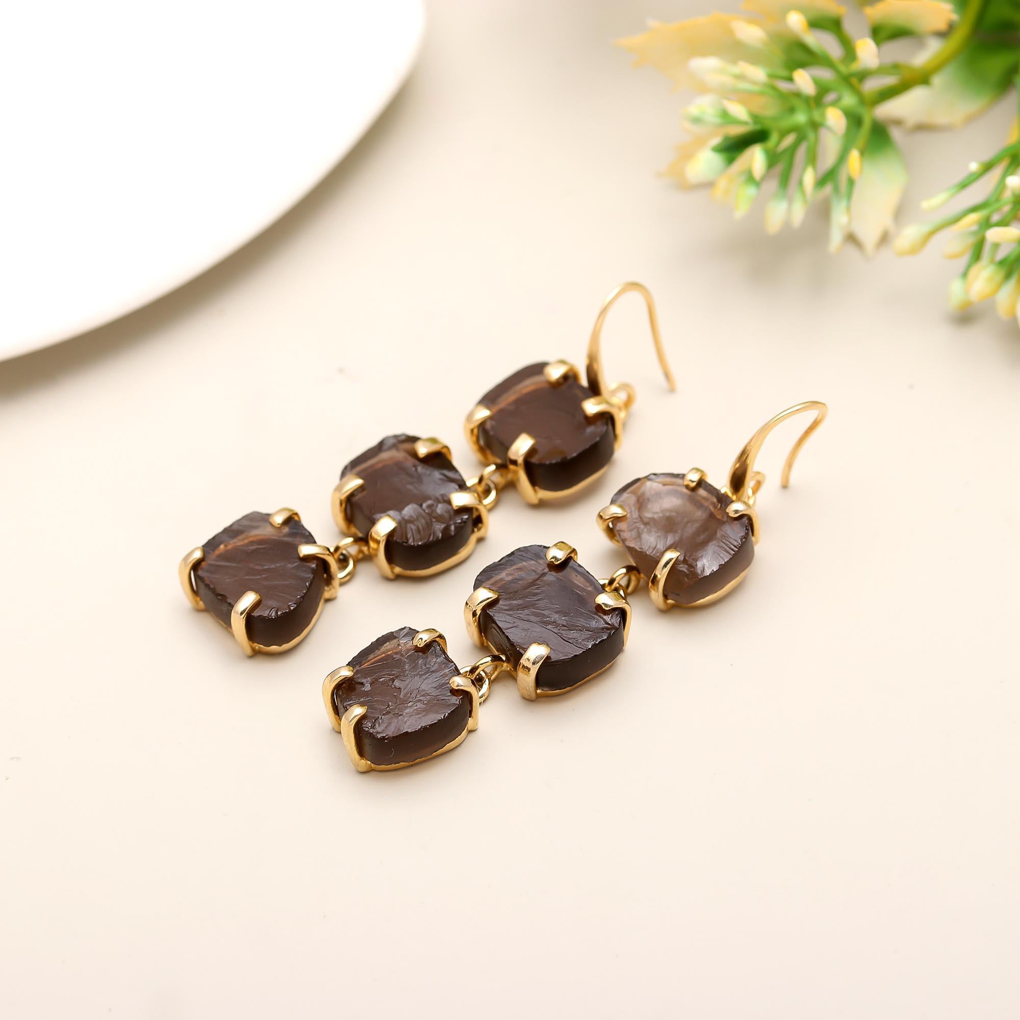 Timeless Charm | Long triple drop gemstone hook earring | 18KT gold plated