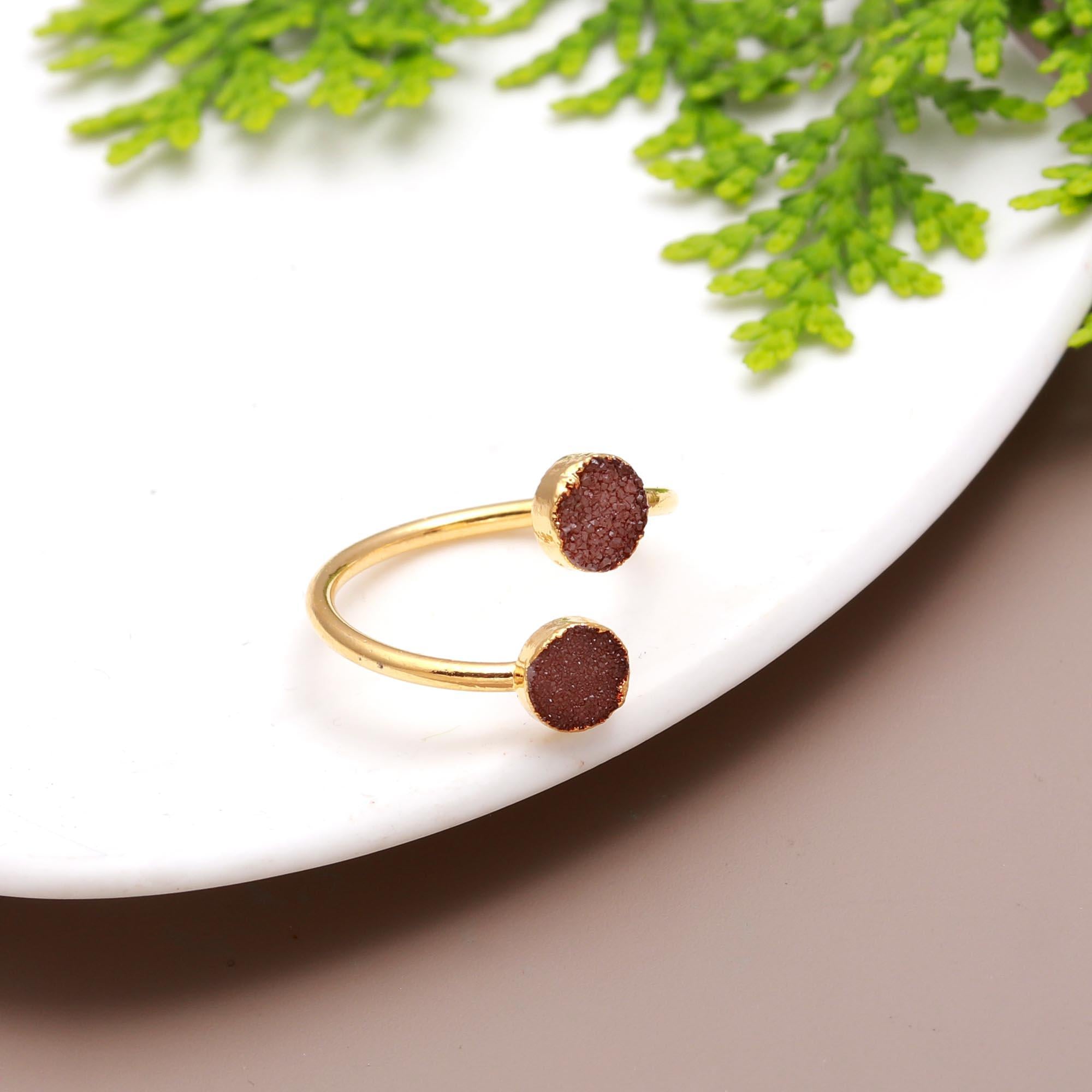 Coral Bay | Minimalist sugar druzy double stone adjustable ring | 18KT gold plated