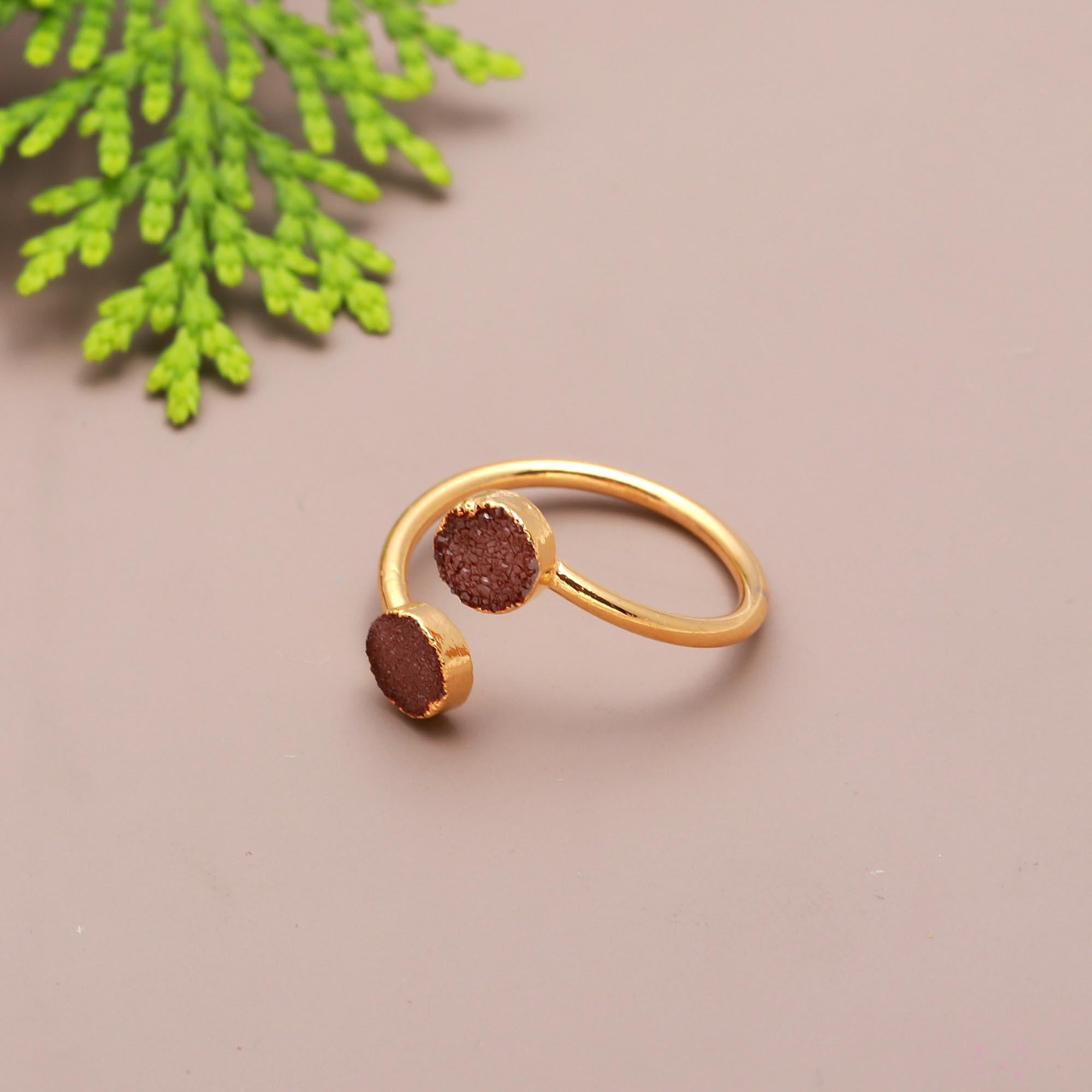 Coral Bay | Minimalist sugar druzy double stone adjustable ring | 18KT gold plated
