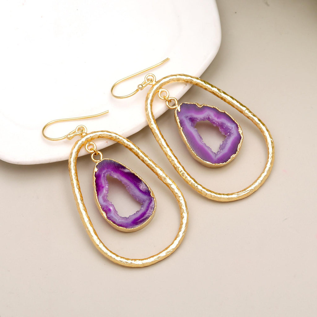 Elusive Mirage | Natural geode agate slice druzy dangle earrings | 18KT gold plated