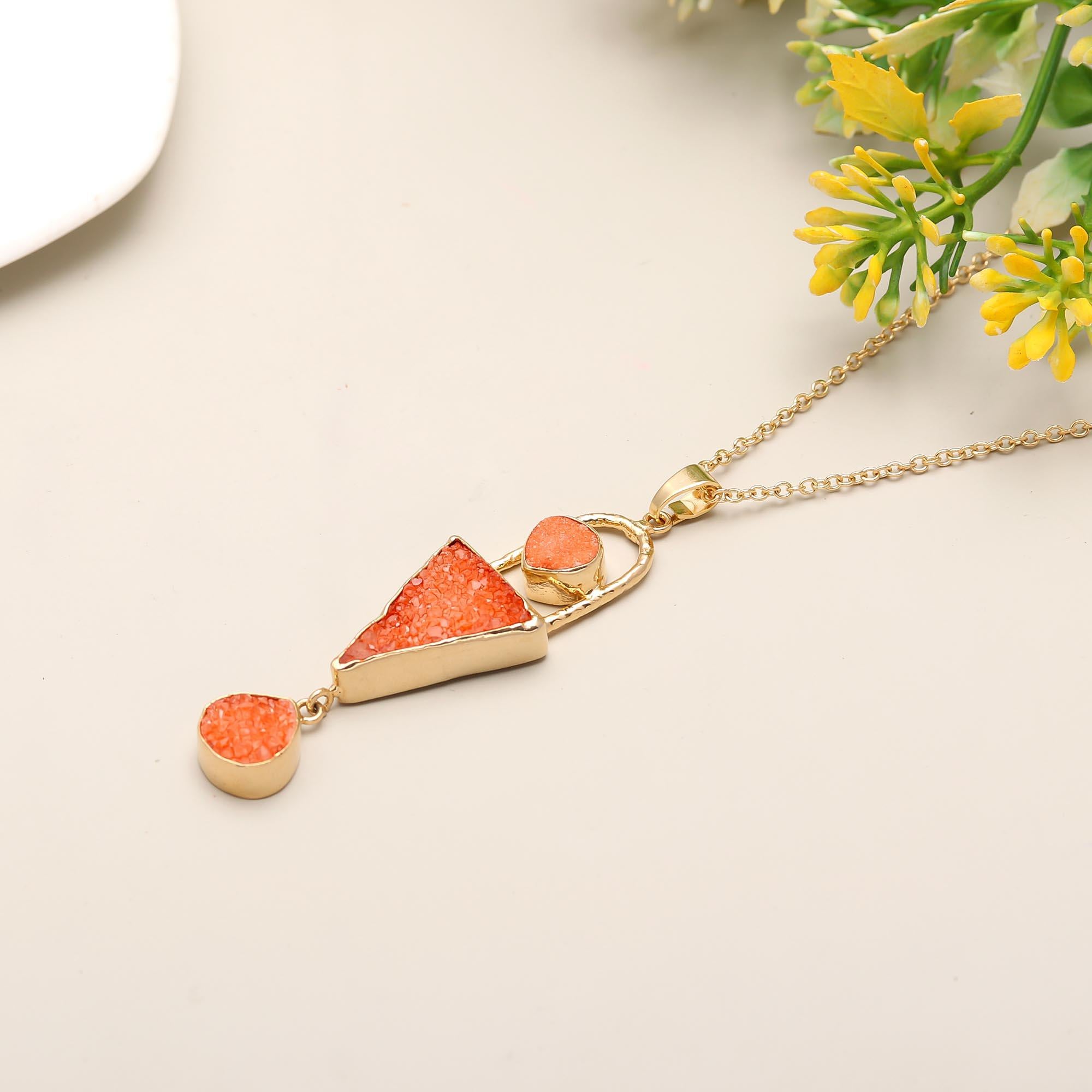 Lush Blossom | Druzy sugar agate geometric style pendant with chain | 18KT gold plated