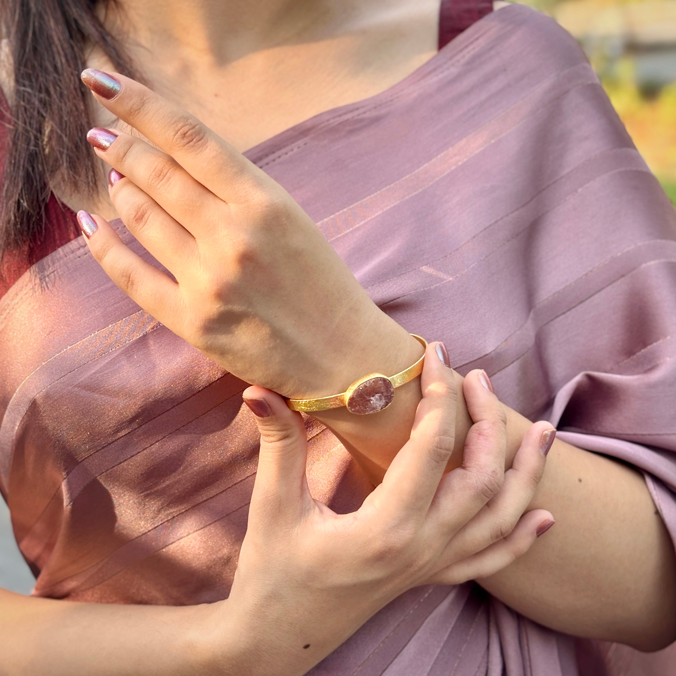 Glitzy Bling | Natural rough look cherry quartz bracelet | 18KT gold plated
