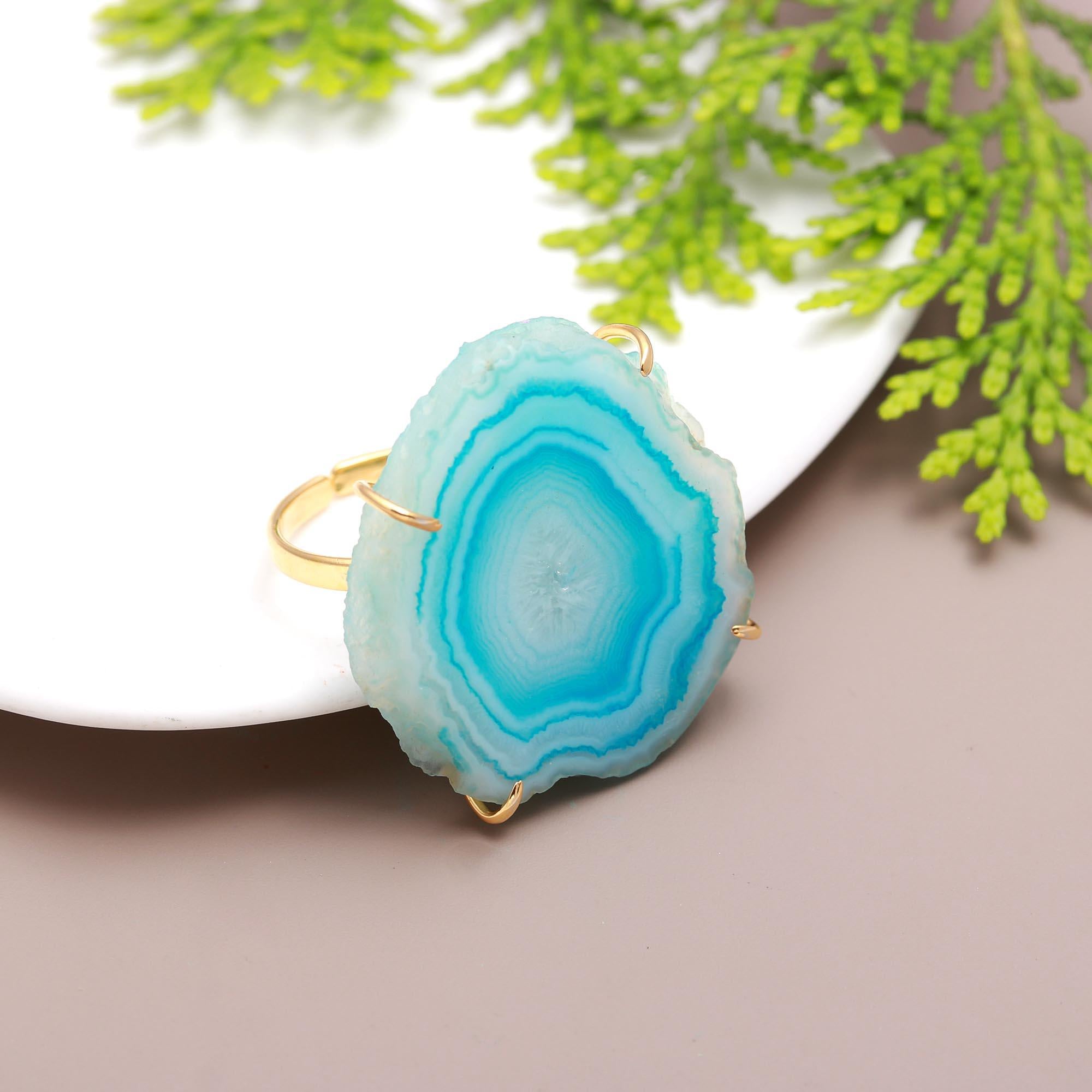 Slushy sleet | Genuine aqua blue agate slice adjustable ring | 18KT gold plated