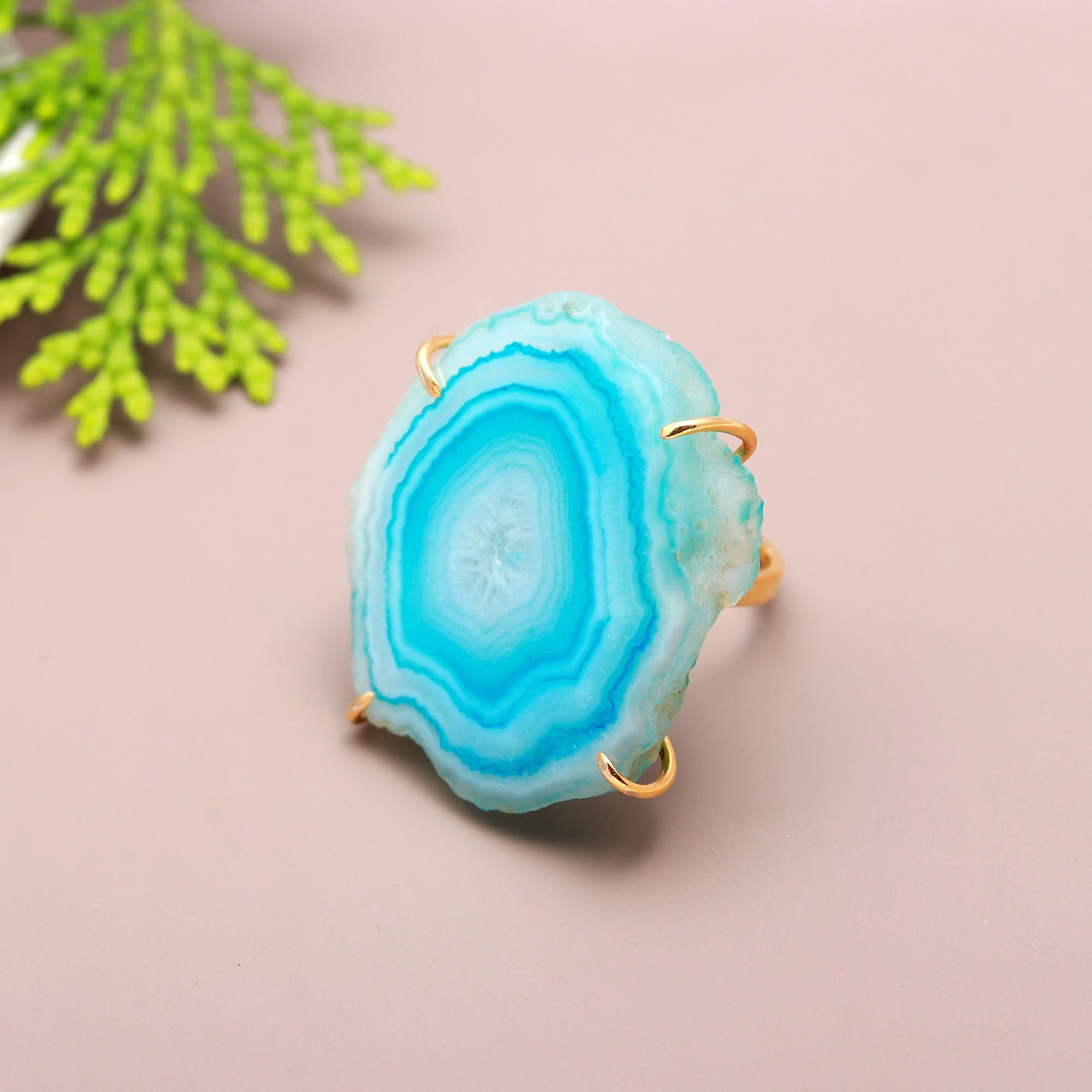 Slushy sleet | Genuine aqua blue agate slice adjustable ring | 18KT gold plated