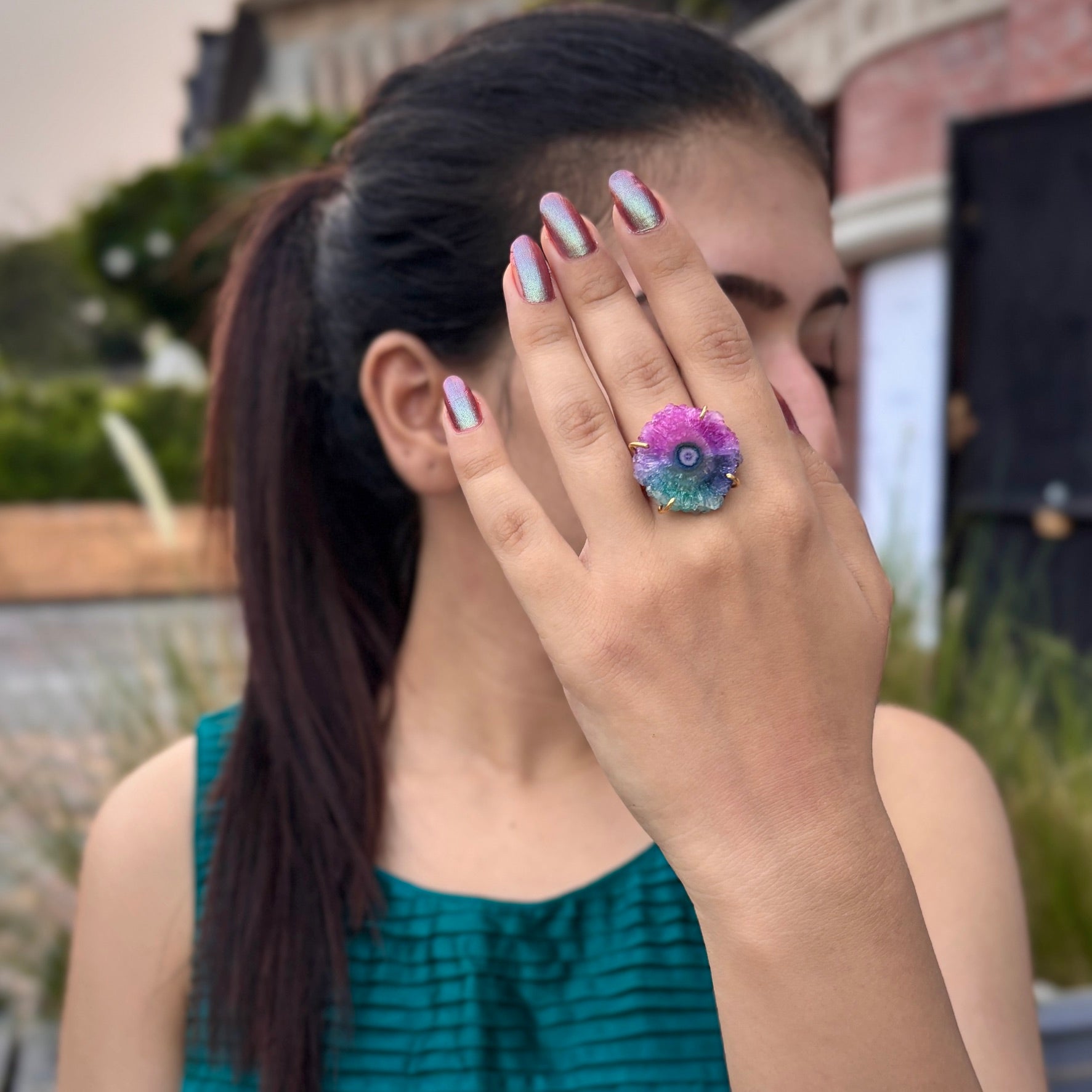 Bewitching Gaze | Natural mix colour solor quartz gem stone adjustable ring | 18KT gold plated