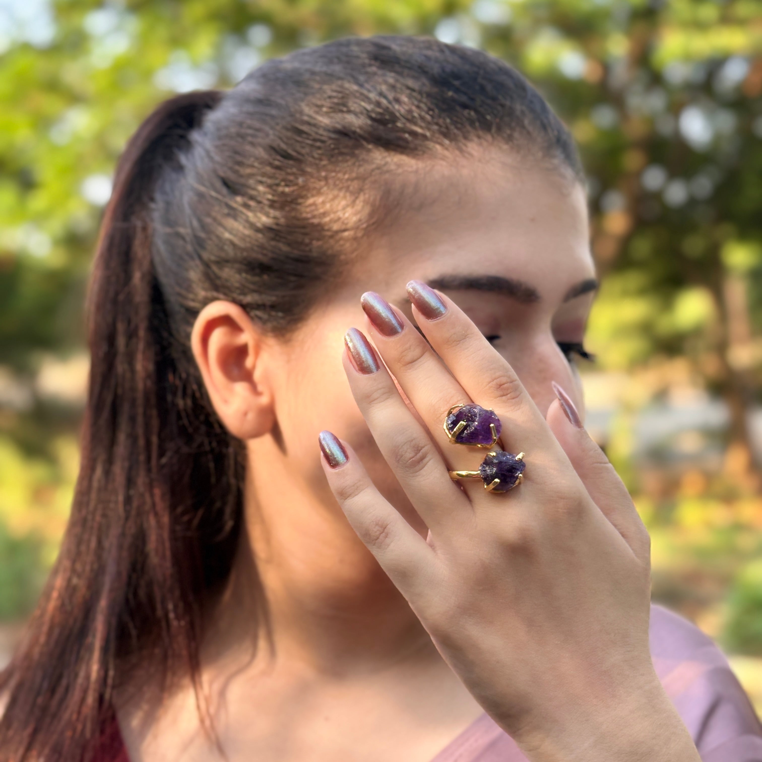 Ivy Blossom | Raw crystal double stone front open ring | 18KT gold plated