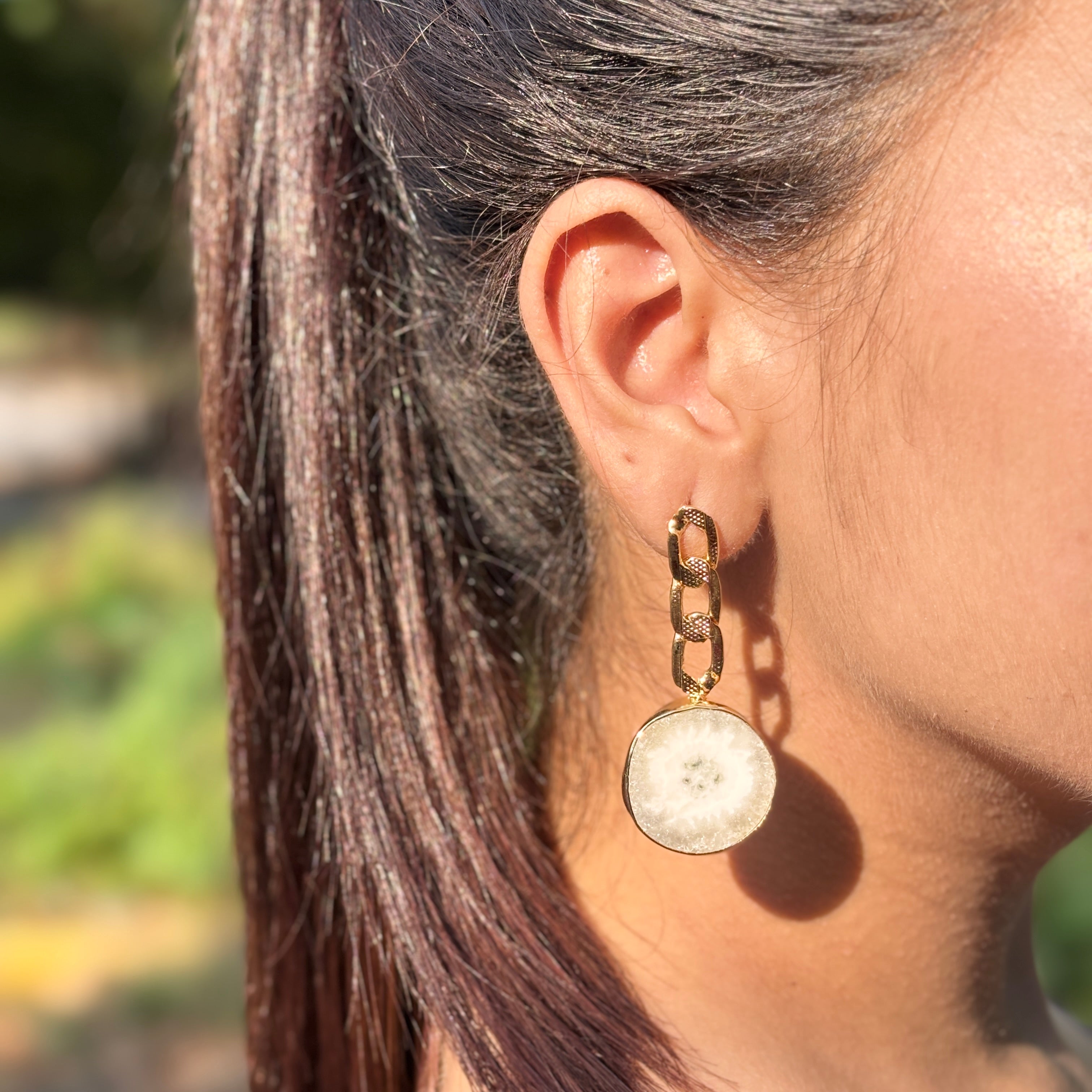 Majestic Sunset | Natural solar quartz with cubanlink chain drop earrings | 18KT gold plated