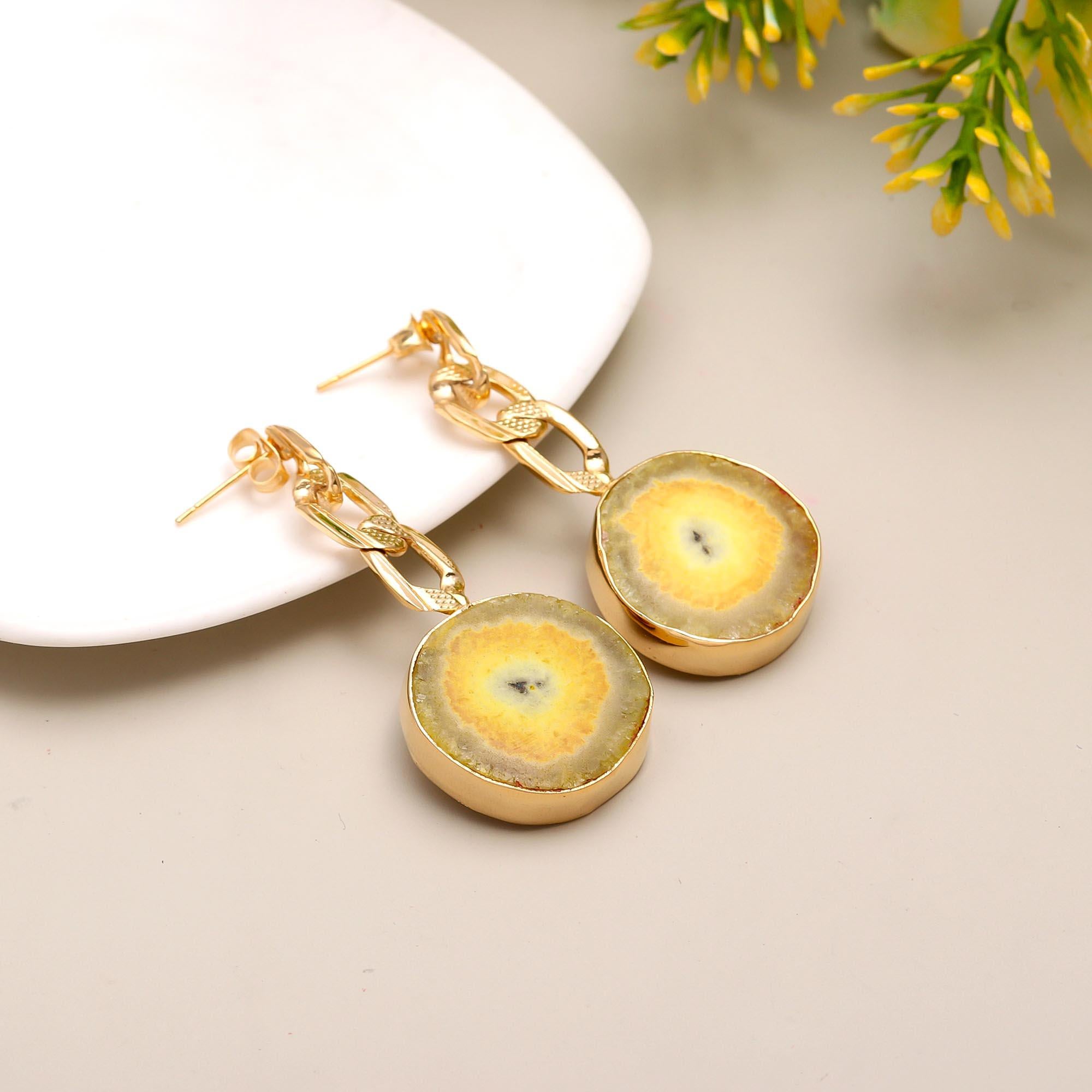 Majestic Sunset | Natural solar quartz with cubanlink chain drop earrings | 18KT gold plated