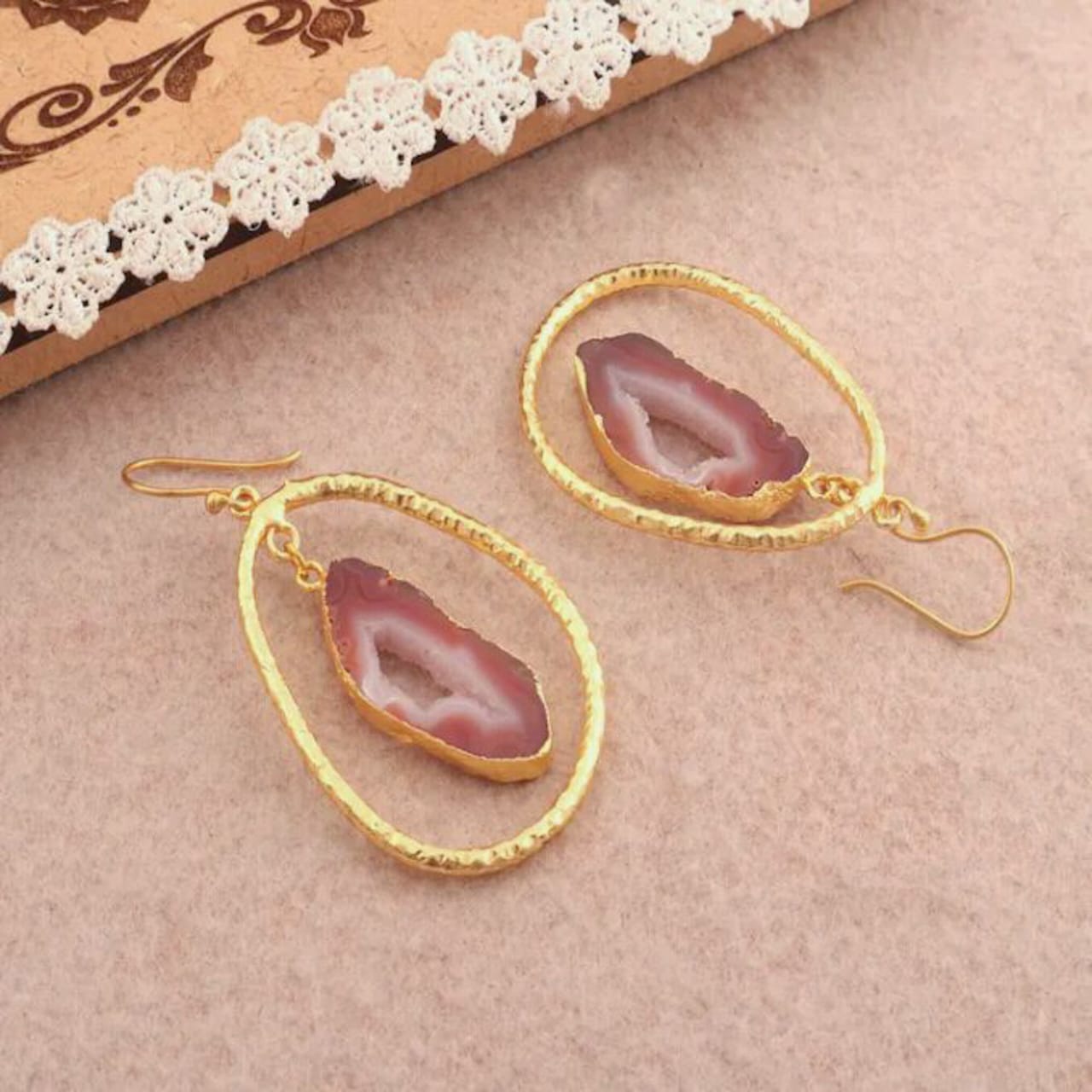 Elusive Mirage | Natural geode agate slice druzy dangle earrings | 18KT gold plated