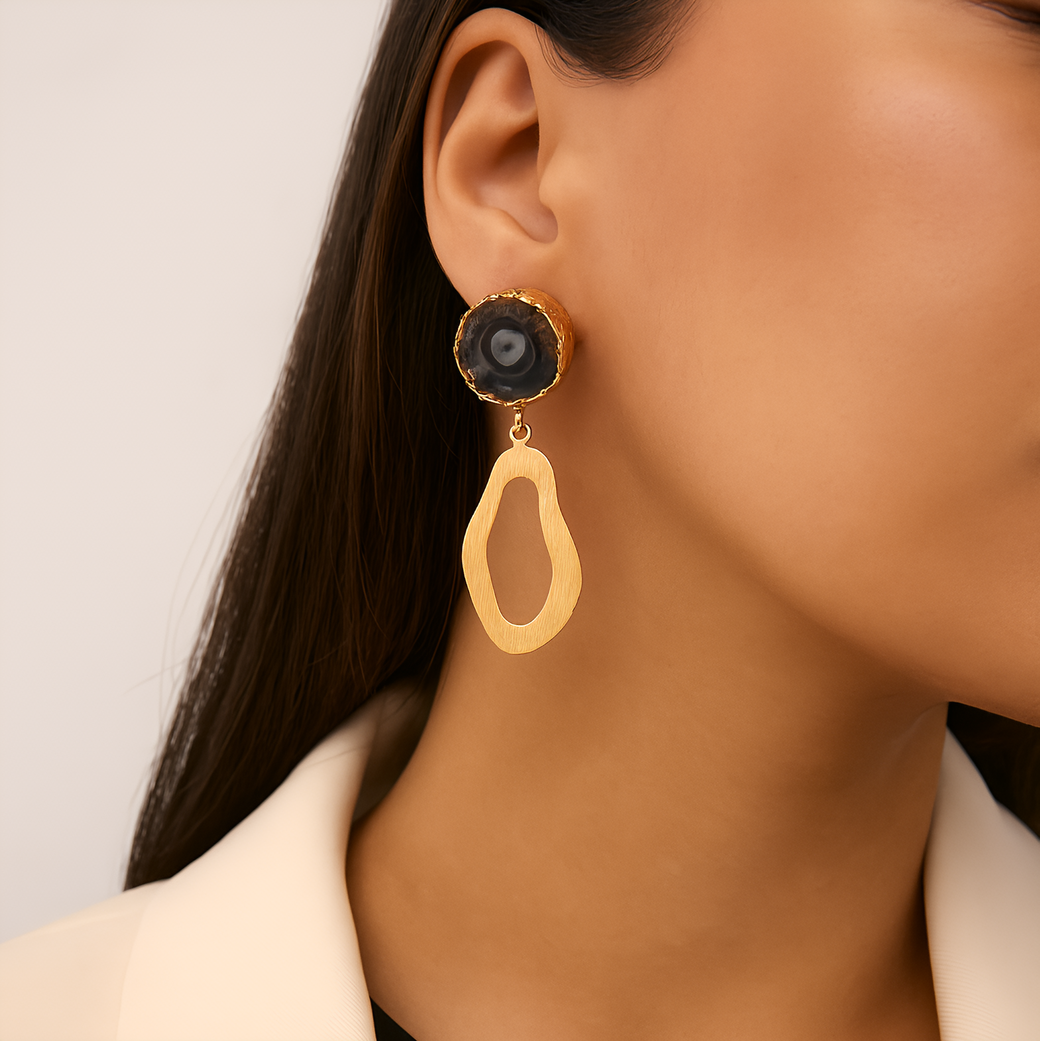 Enigmatic Loop | Natural solar quartz stud drop earring | 18KT gold plated